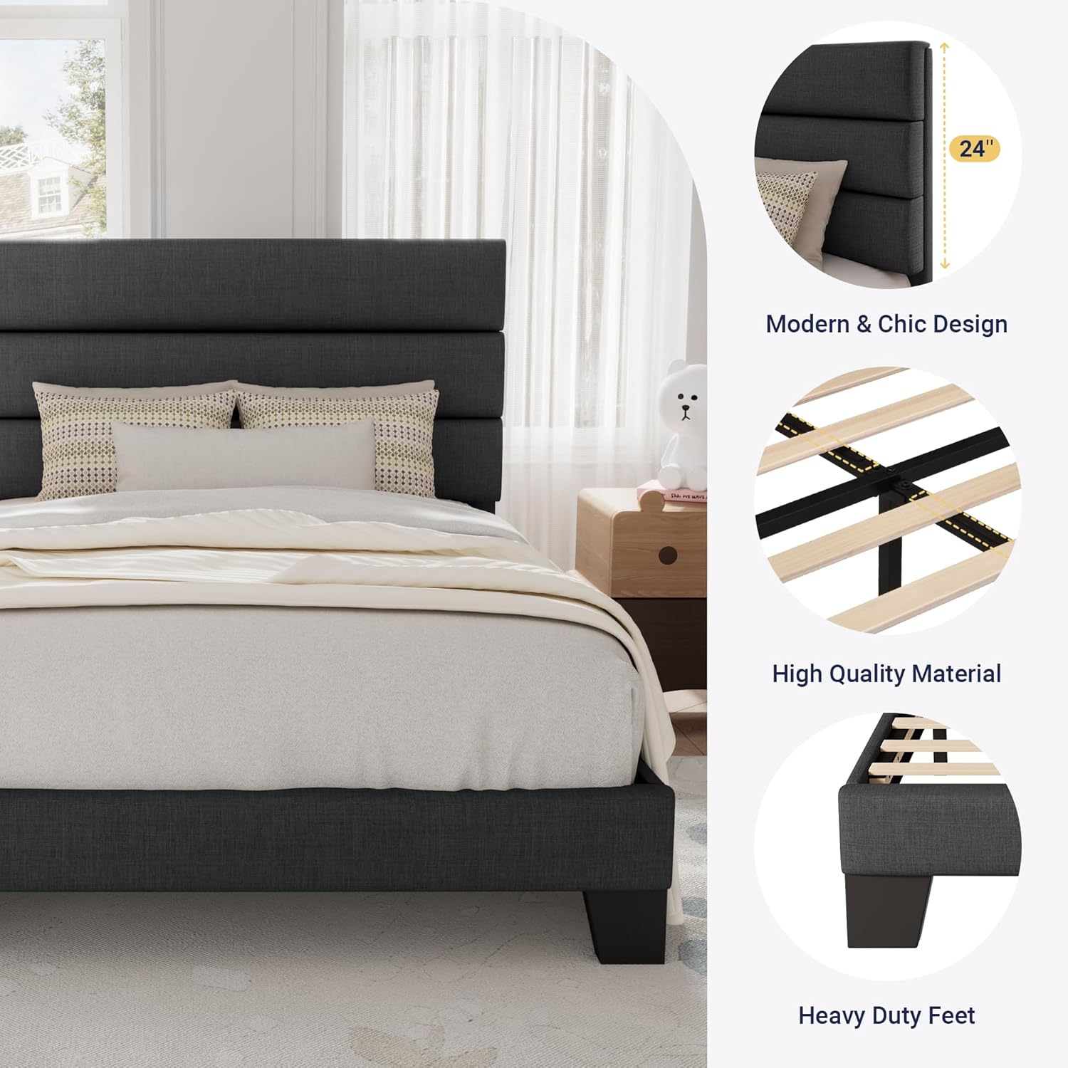 Allewie Queen Size Platform Bed Frame Fabric Upholstered Headboard Wooden Slats Support wourant