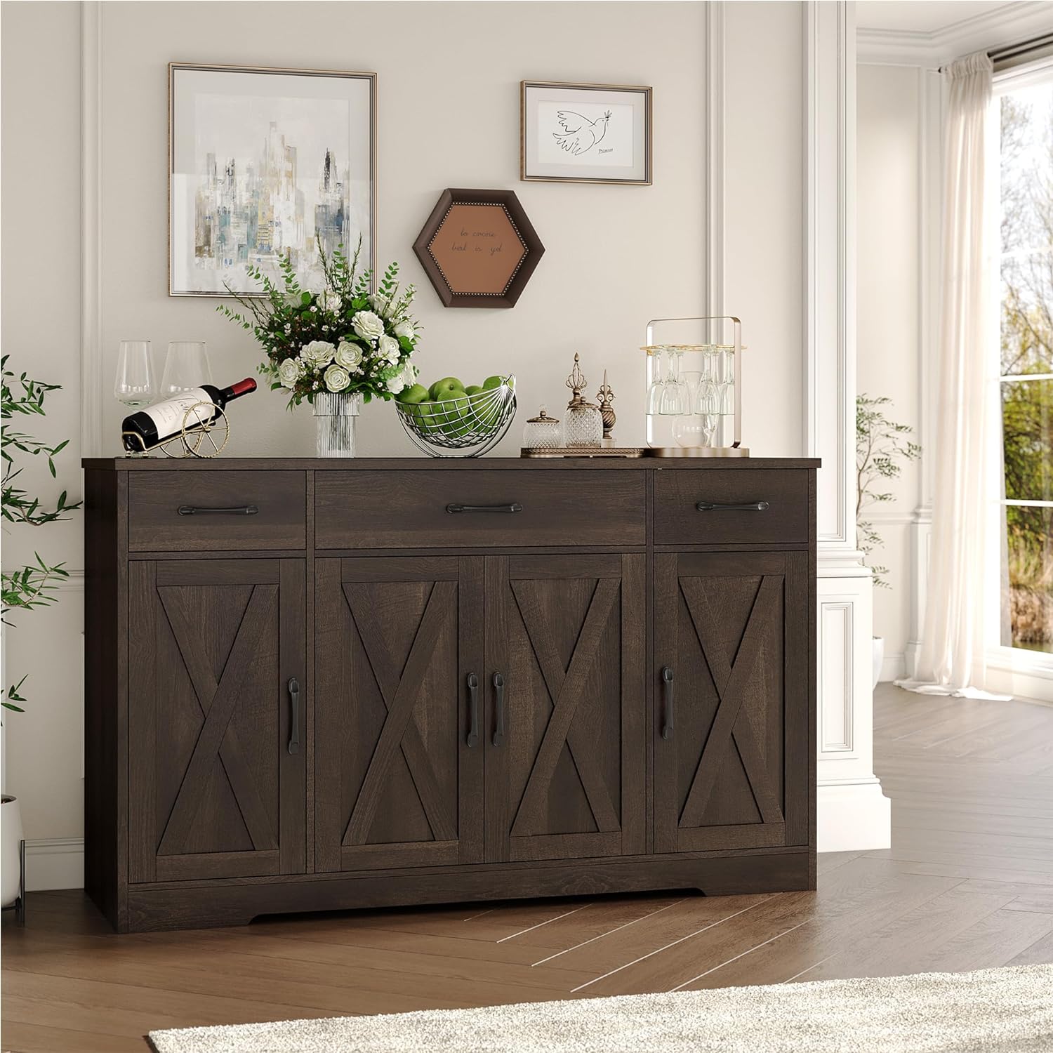 HOSTACK Buffet Cabinet with Drawers, 55" Large Sideboard Buffet Storage Cabinet with Shelves and Doors, Modern Farmhouse Coffee Bar Station Wood Kitchen Table for Kitchen, Dining Room, White/Rustic wourant