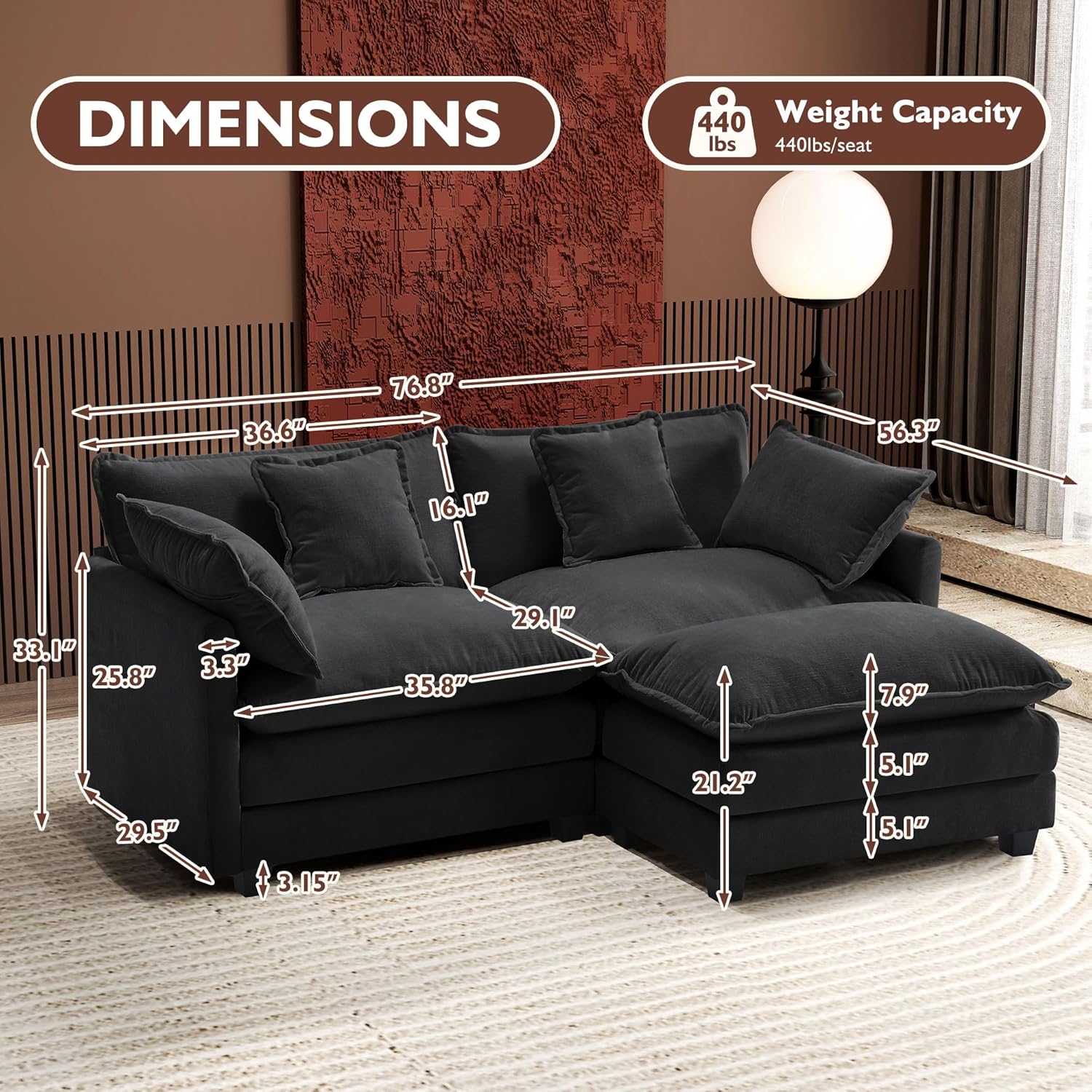 Ihanherry 146" U-Shaped Modern Sofa Modular Sectional Cloud Couch with 2 Ottoman, 6-Seat Chenille Deep Seat Sofa with 6 Pillows for Living Room, Bedroom and Apartment, Grey wourant
