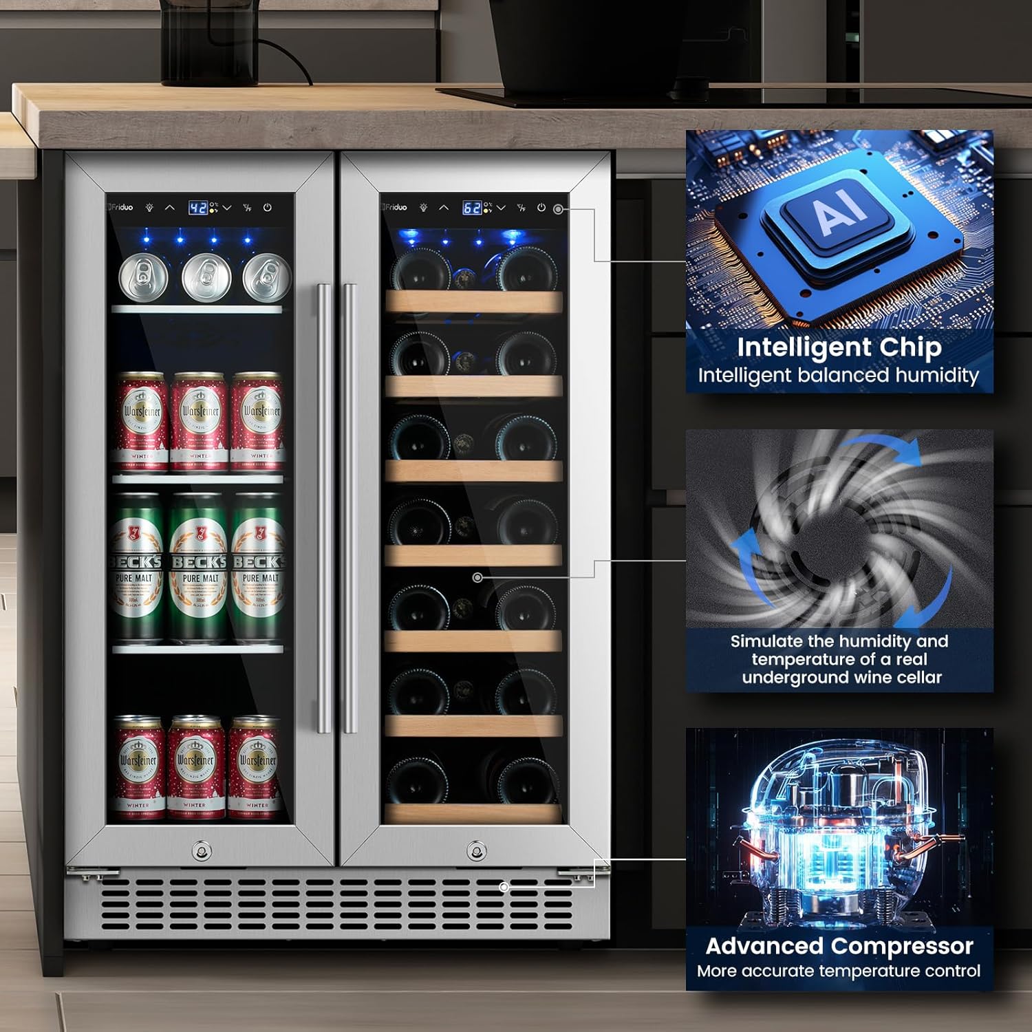 24 inch Dual Zone Beverage Refrigerator, 30 Bottles & 82 Cans Wine Fridge Built-in or Freestanding with Glass Door, Wine and Beverage Refrigerator Cooler for Kitchen Home Bar wourant
