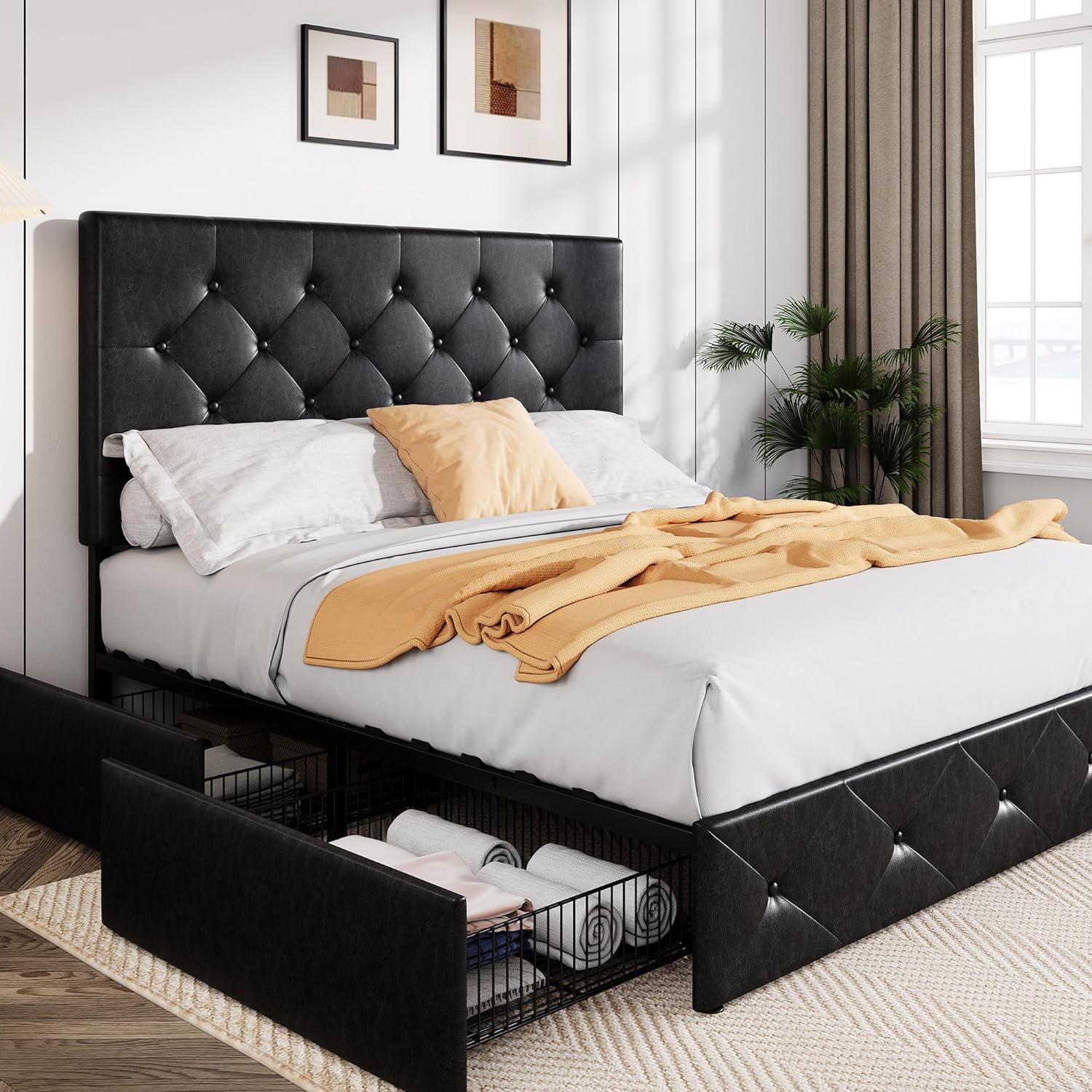 Allewie Upholstered Queen Size Platform Bed Frame with 4 Storage Drawers and Headboard wourant