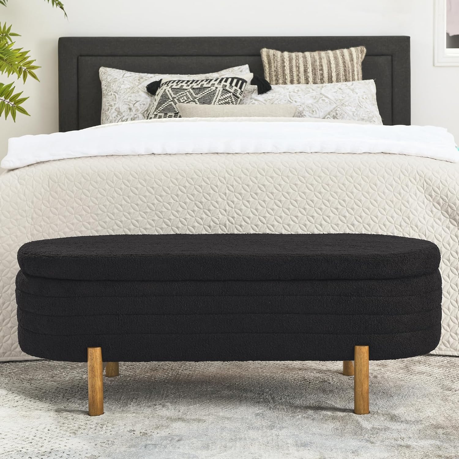 Furniliving Modern Storage Ottoman Bench, Sherpa Ottoman End of Bed Bench with Solid Wood Legs Upholstered Ottoman Benches with Storage Indoor Bench wourant