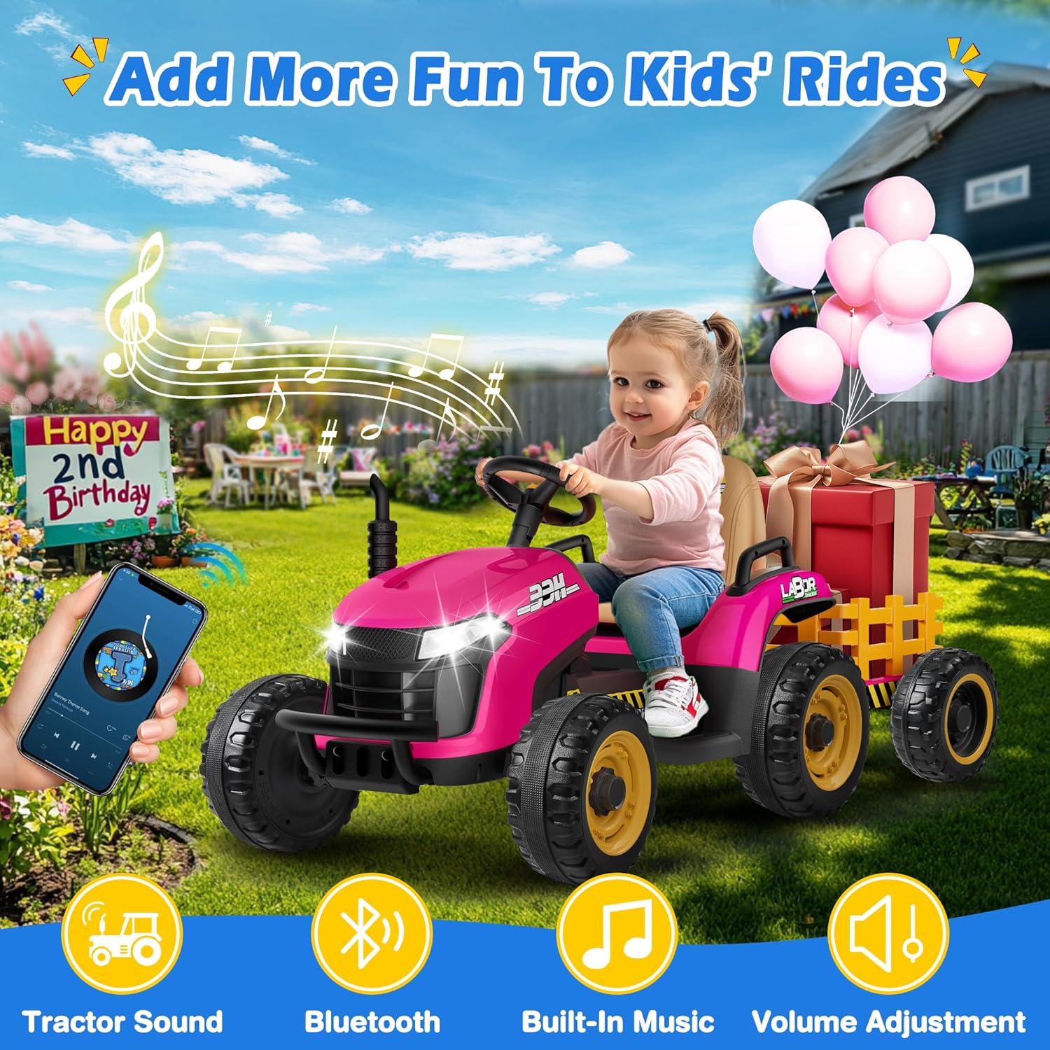 24V Ride On Tractor w/Tiltable & Detachable Trailer, 2x65W Motors, EVA Tires, Remote Control, Bluetooth, Shifter, Music, Electric Car for Kids, Green wourant