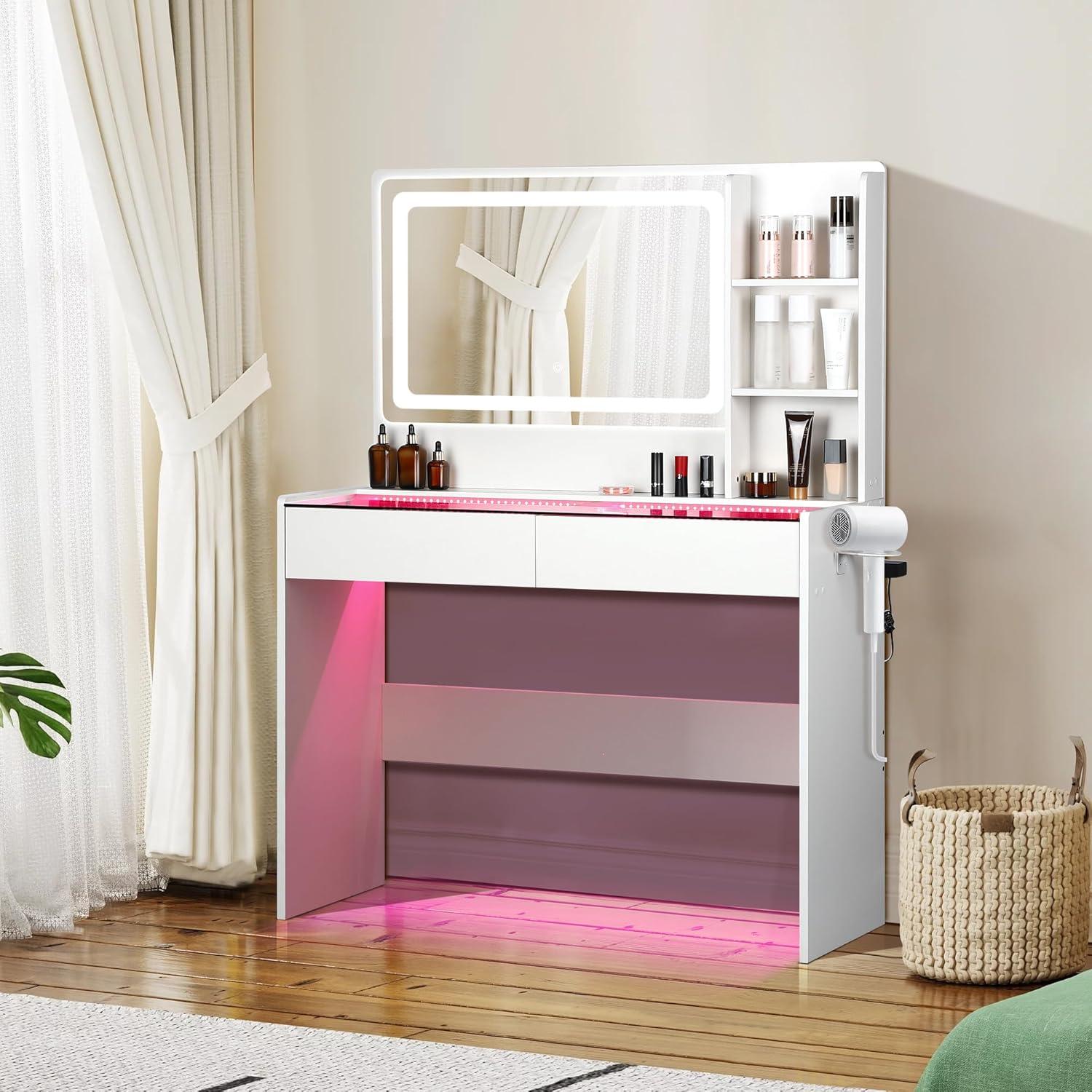 Vanity Desk,Transparent Desktop,Multiple Color Ambient Lights,with Mirror wourant