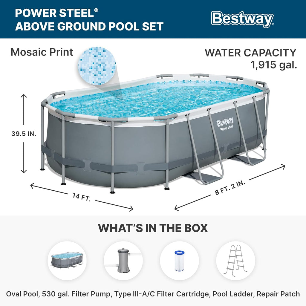 Power Steel 14' x 8'2" x 39.5" Oval Above Ground Pool Set | Includes 530gal Filter Pump, Ladder, ChemConnect Dispener wourant