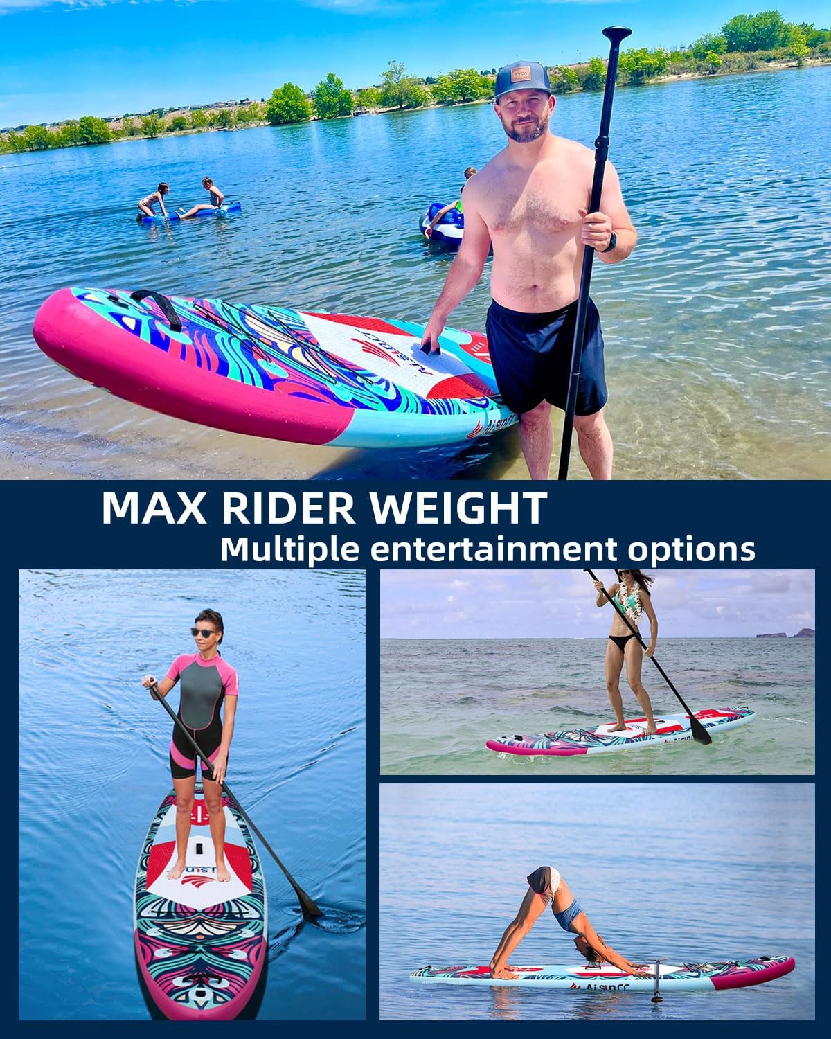 Inflatable wide SUP board with SUP carrying bag, hand pump, 10L waterproof bag and adjustable paddle wourant