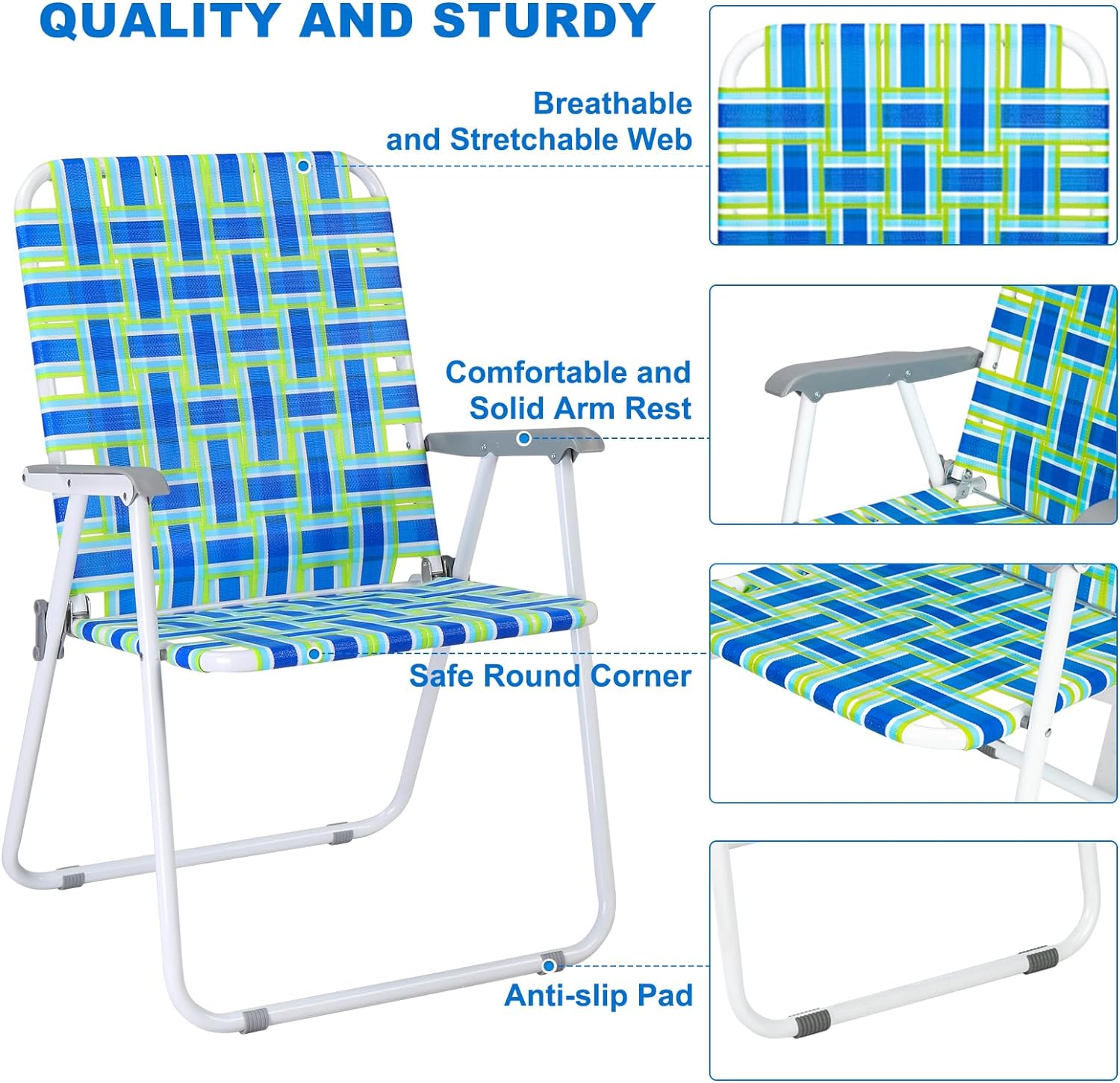 VINGLI Patio Lawn Webbed Folding Chairs Set of 2, Outdoor Beach Portable Lawn Chair Camping Chair Beach Chair wourant