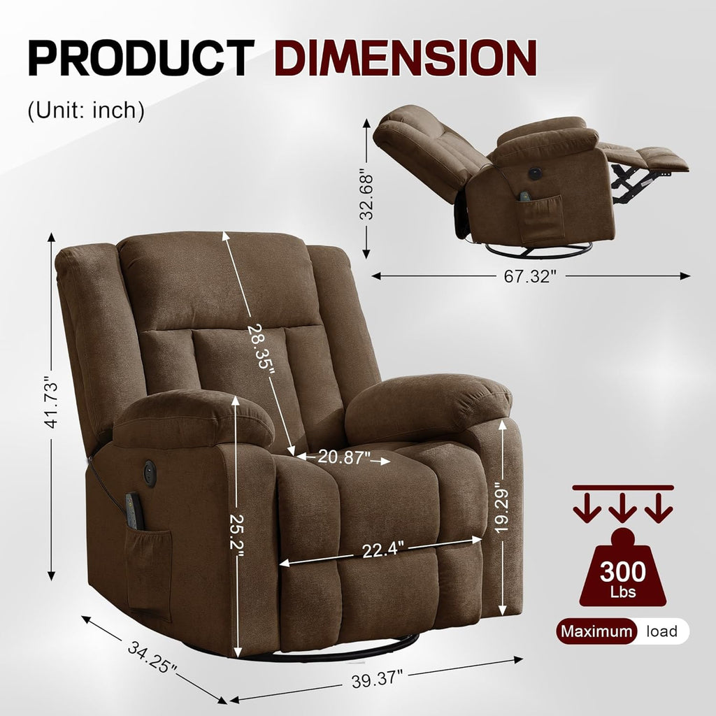 Rocker Recliner, Glider Recliner Chairs for Adults, 360° Swivel Rocking Chair with Massage and Heating, Nursery Chair with Storage and USB Charging for Living Room, Bedroom, Nursery wourant