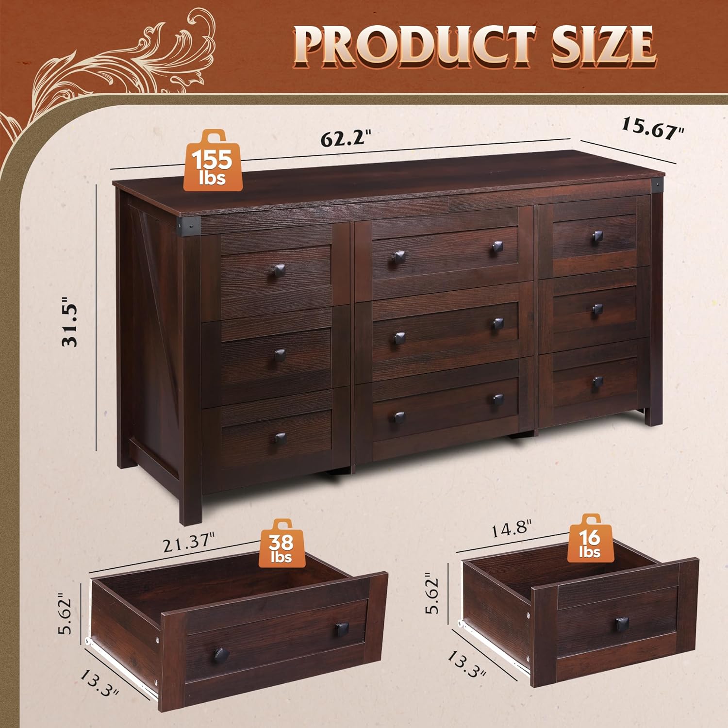 9 Drawer Led Dresser for Bedroom, 58.35'' Wide Wood Dresser Storage Organizer with Power Outlets for 65'' TV, Dressers with Open Shelves wourant