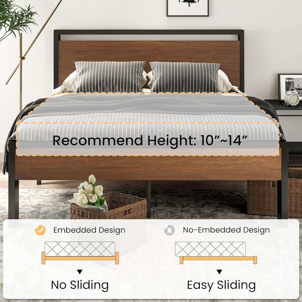 SHA CERLIN 14 Inch Queen Size Metal Platform Bed Frame with Wooden Headboard and Footboard wourant