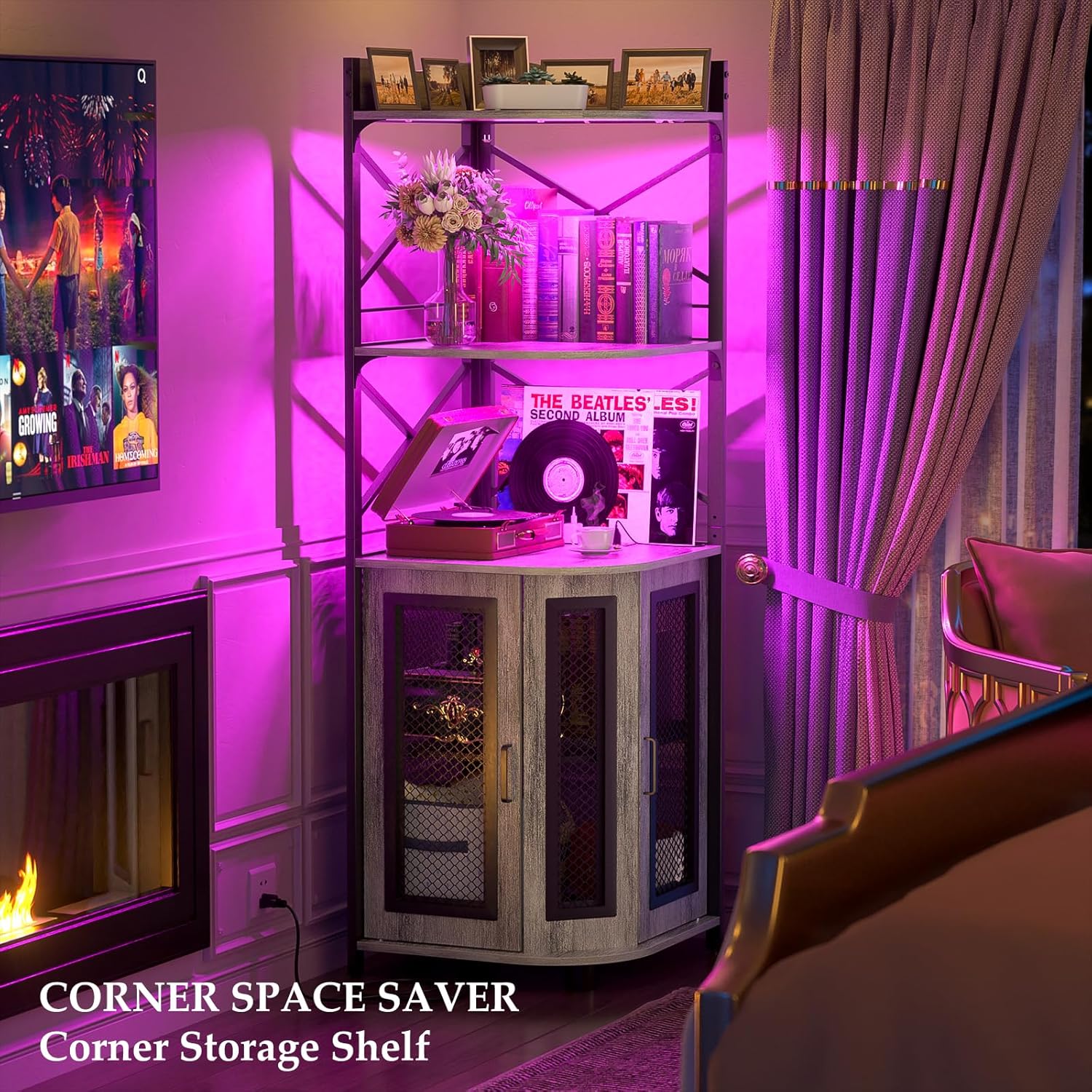 Corner bar cabinet with power socket, industrial style wine cabinet with LED light strip and glass rack, home five-layer wine cabinet bar unit, small space corner display cabinet wourant