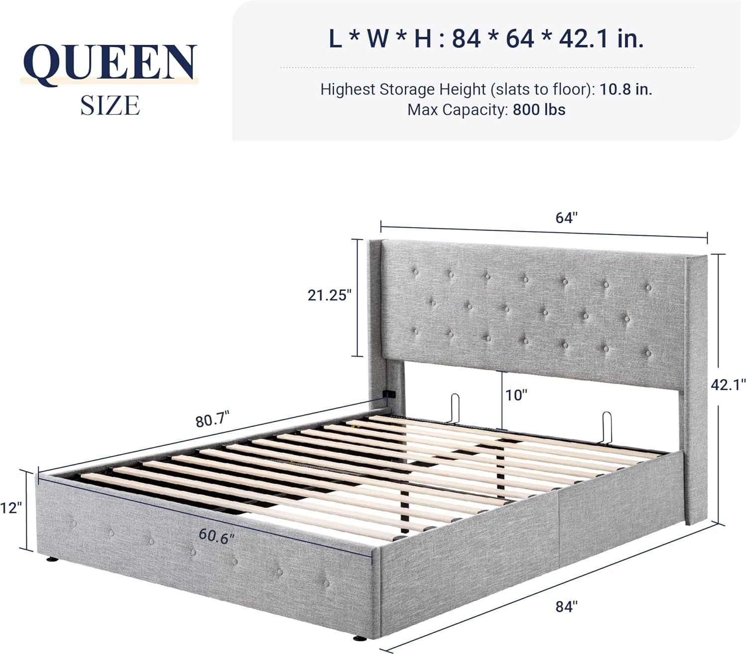 Allewie Queen Size Lift Up Storage Bed Modern Wingback Headboard Hydraulic Support wourant