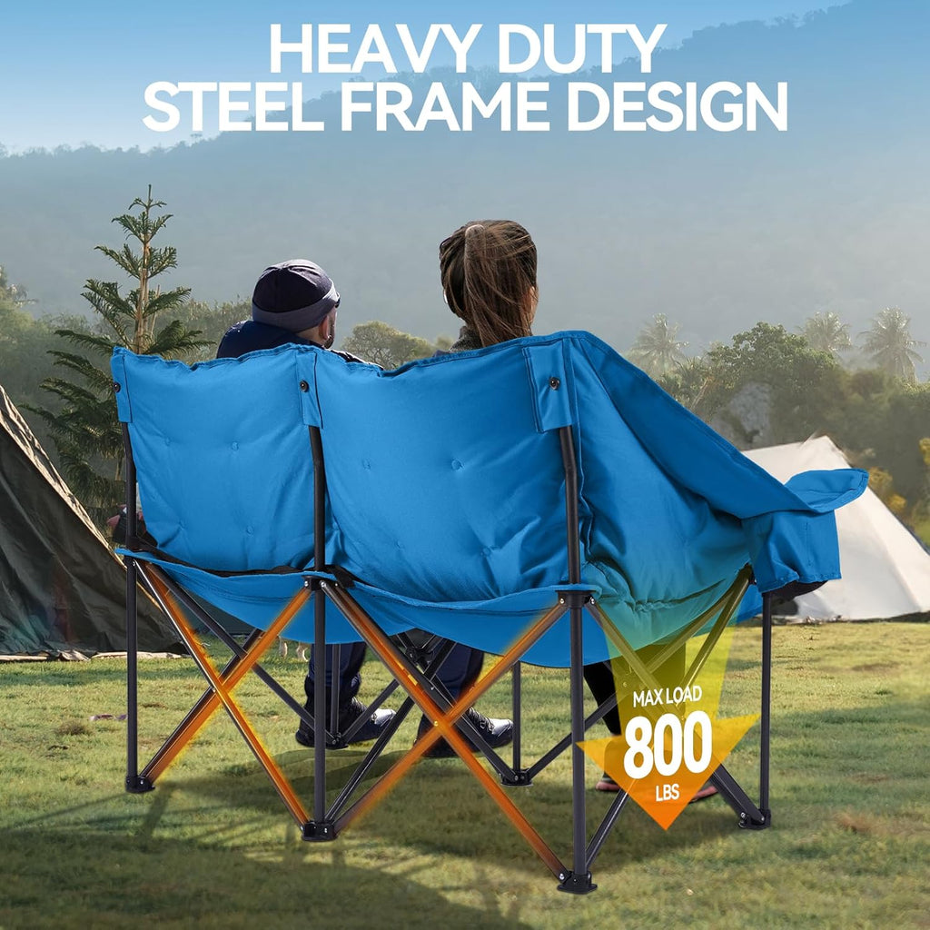 Double Camping Chairs Padded Loveseat Chair for 2 Person - Heavy Duty Oversized Camping Couch for Adults Outdoor Lawn Beach - Portable Folding Sofa with Cup Holders and Carry Bag, Grey wourant