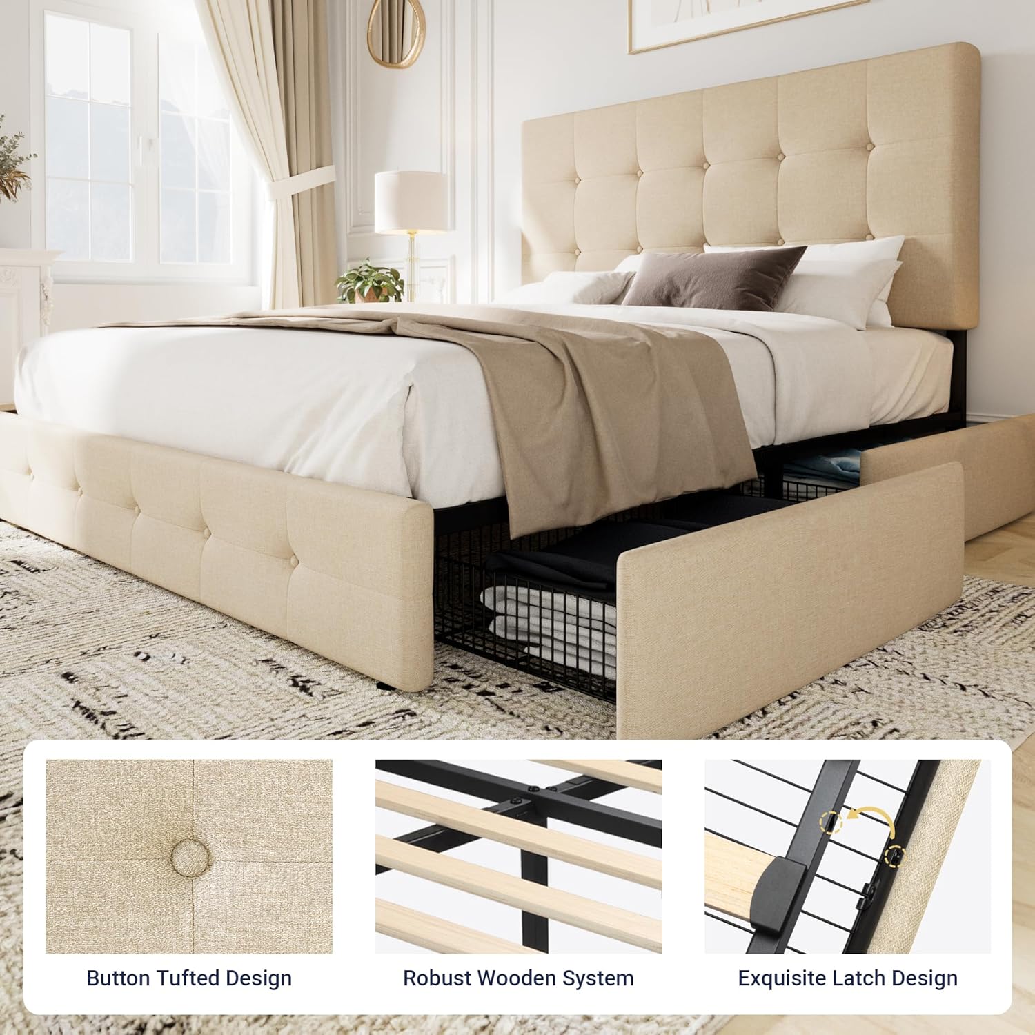 Allewie Upholstered Queen Size Platform Bed Frame with 4 Storage Drawers and Headboard wourant