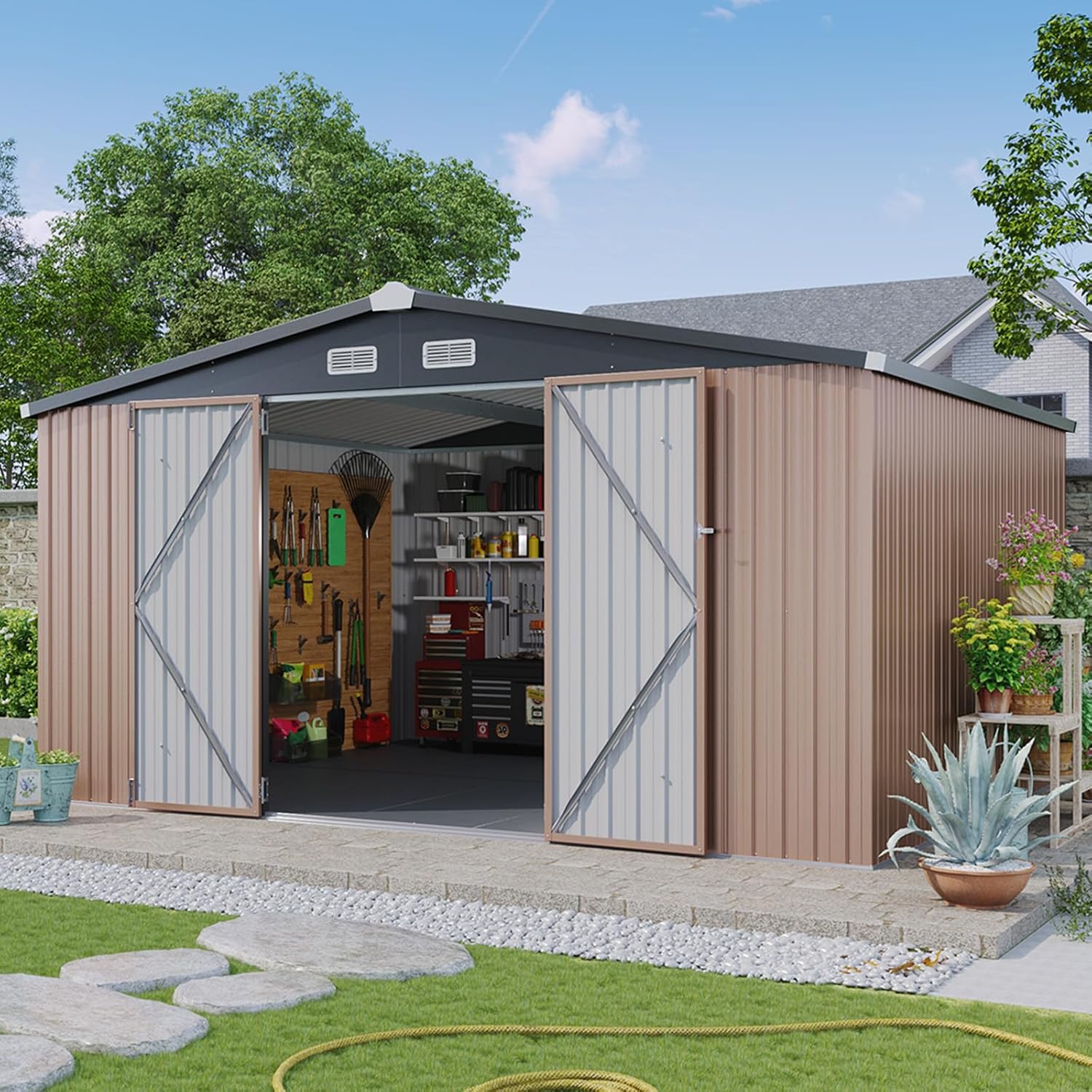 Aoxun 12x10 FT Shed Metal Outdoor Waterproof Storage Shed Steel Utility Garden Tool Shed with Door & Lock Outdoor Storage for Garden Patio Lawn Poolside, Brown wourant