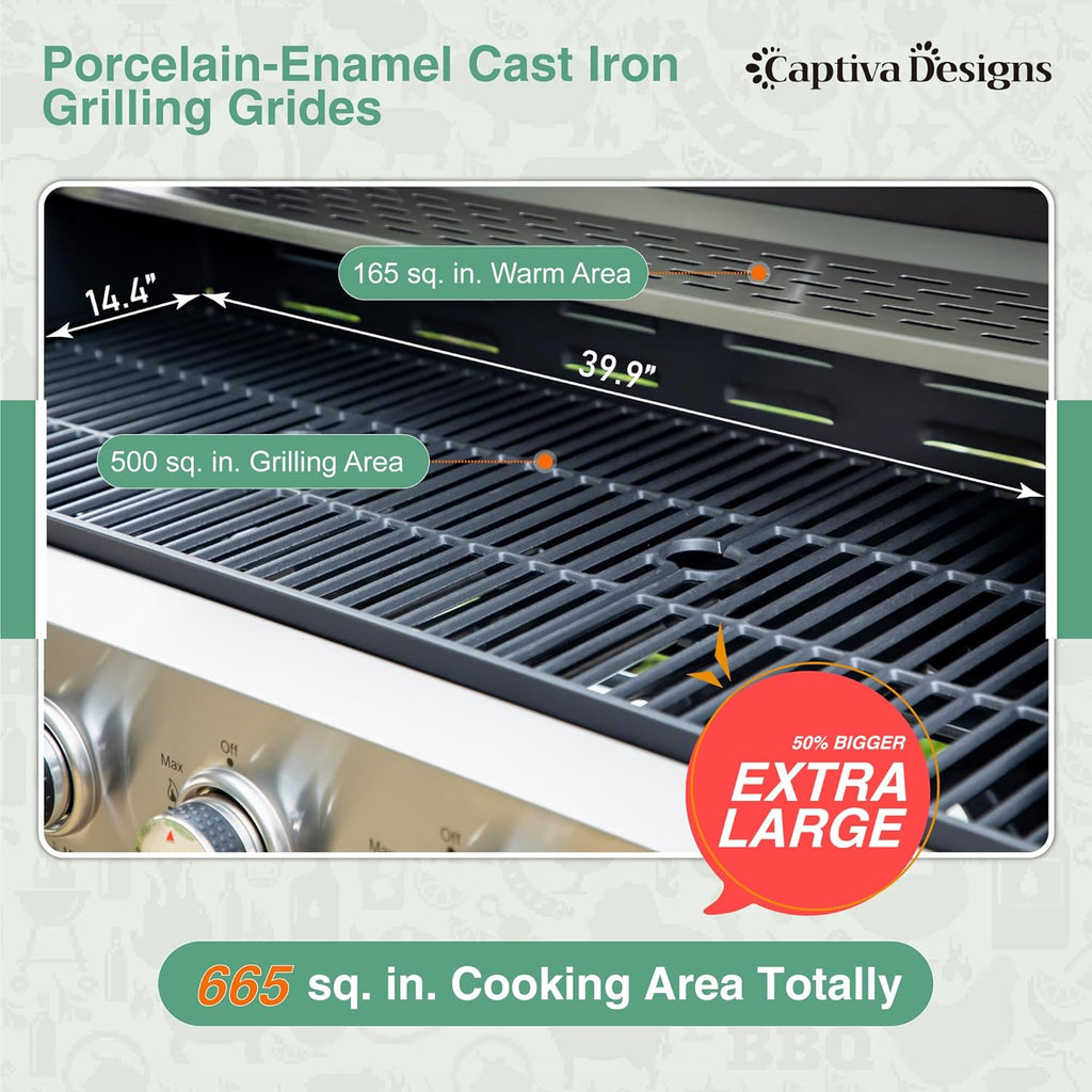 Captiva Designs 4-Burner Propane Gas BBQ Grill with Side Burner & Porcelain-Enameled Cast Iron Grates, 42,000 BTU Output Stainless Steel Grill for Outdoor Cooking Kitchen and Patio Backyard Barbecue wourant