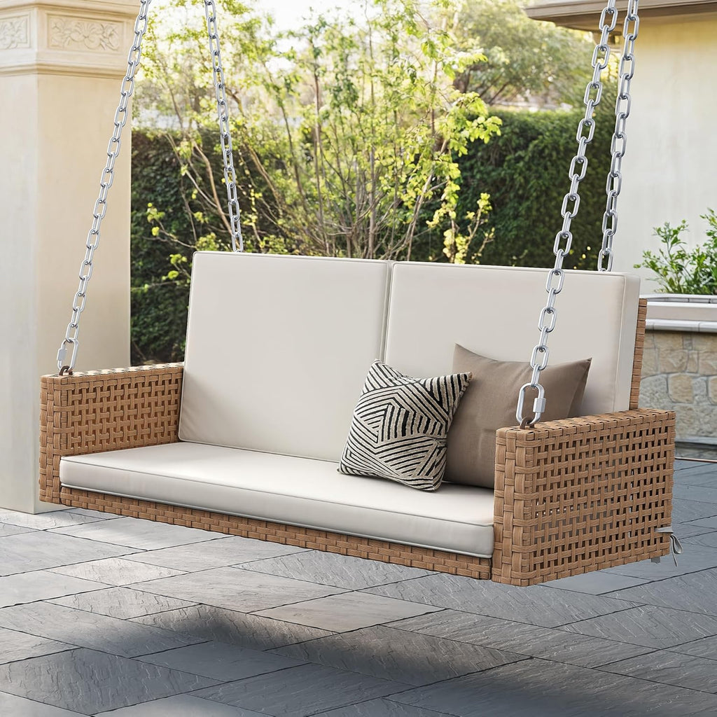 YITAHOME Hanging Porch Swing Chair Sits 3 People, Wicker Outdoor Swing Bench, Patio Lounge Chair, 1 Seating Cushion and 3 Back Cushions, w/Removable Covers, for Garden, Balcony, Backyard, Brown wourant