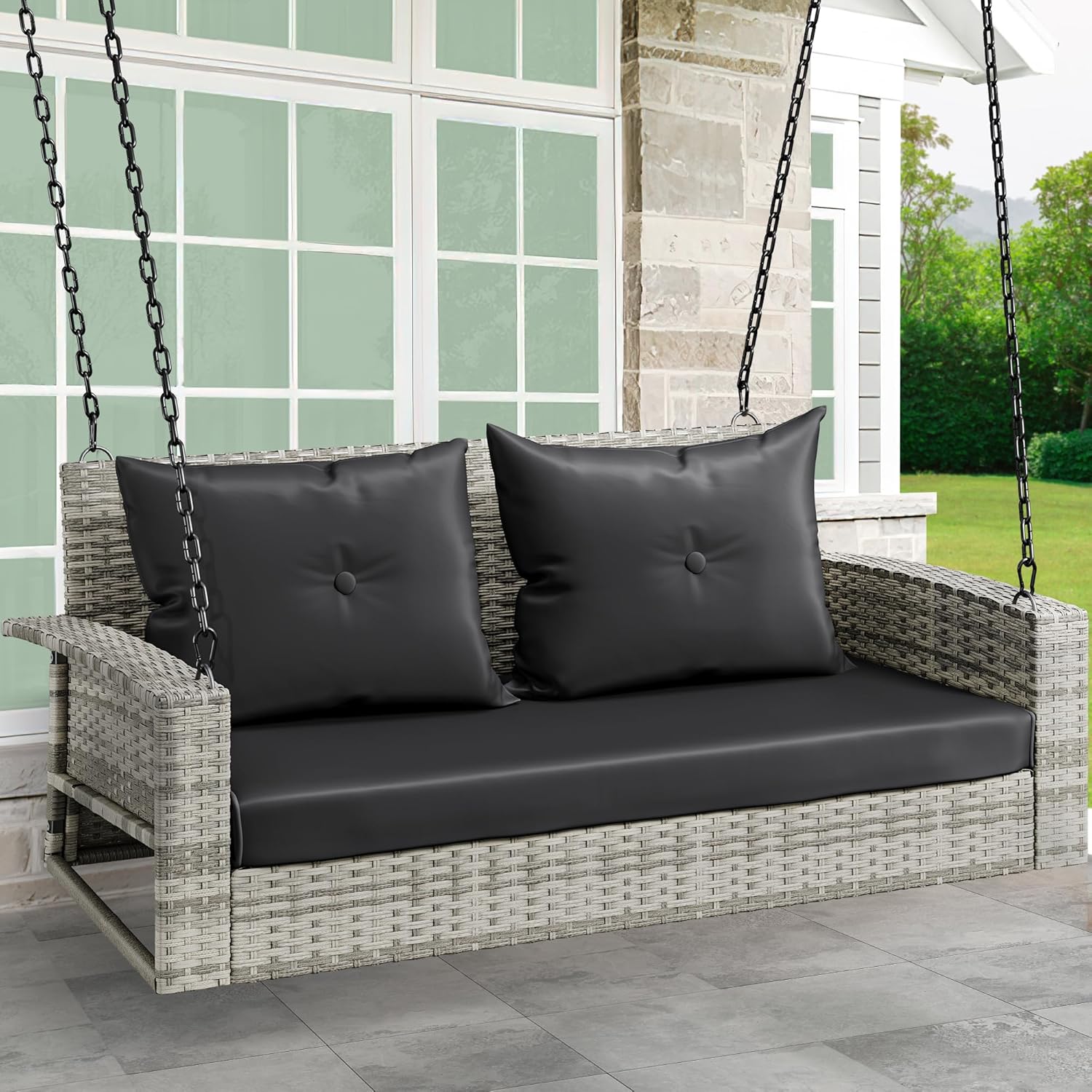 YITAHOME Hanging Porch Swing Chair Sits 3 People, Wicker Outdoor Swing Bench, Patio Lounge Chair, 1 Seating Cushion and 3 Back Cushions, w/Removable Covers, for Garden, Balcony, Backyard, Brown wourant