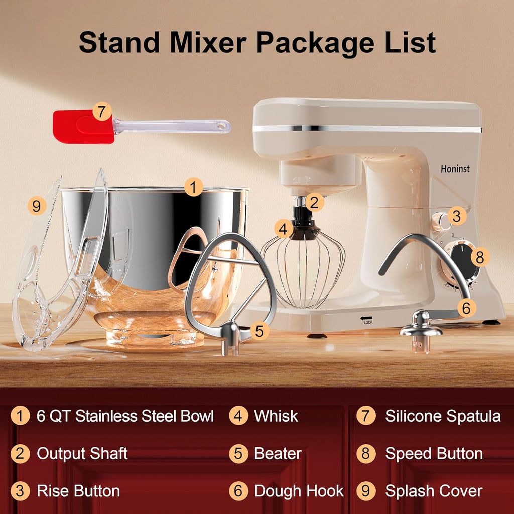 10-Speed Stand Mixer with 8-in-1 Splash Guard, Tilt Head, 6-Quart Stainless Steel Bowl + Dishwasher-Safe Dough Hook/Whisk/Blender/Scraper wourant