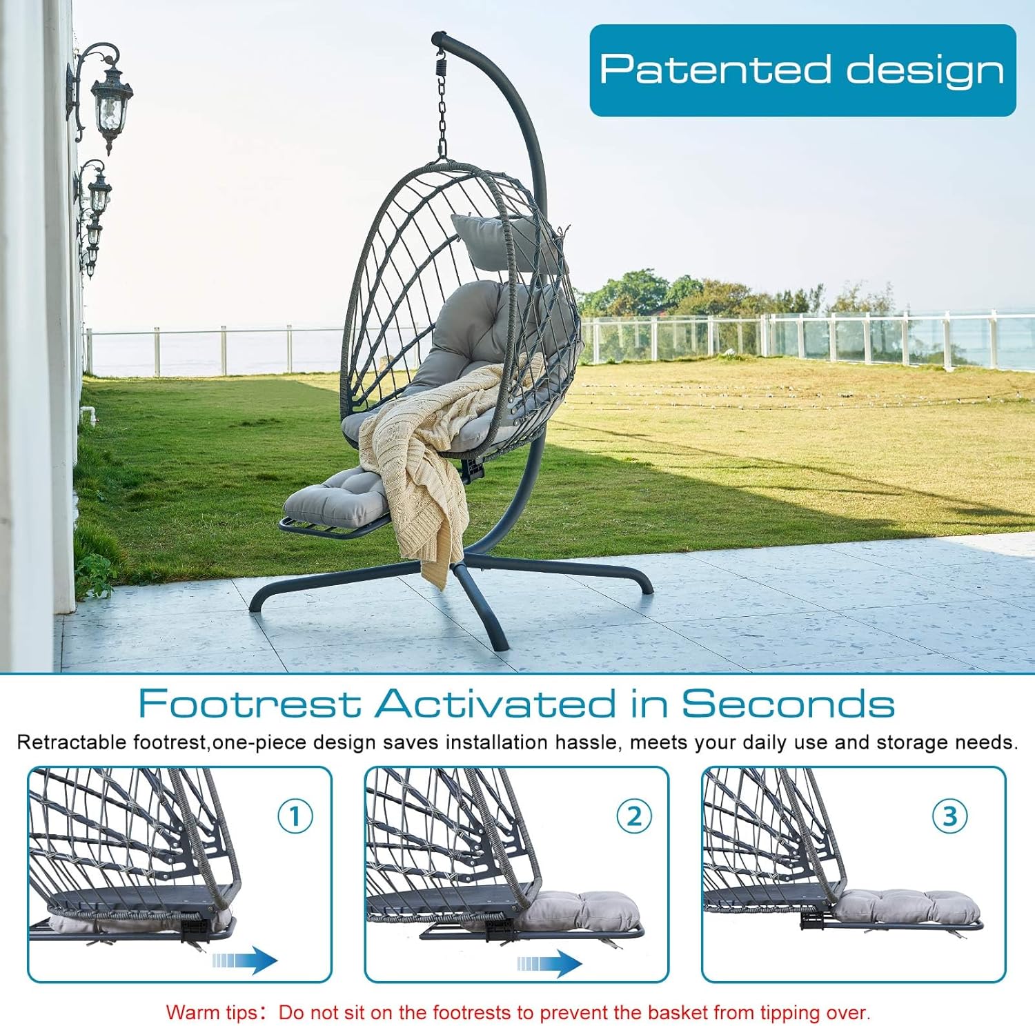 Hanging Egg Chair Stand Leg Rest Rattan Wicker Swing Hammock Chair UV-Resistant Cushion wourant