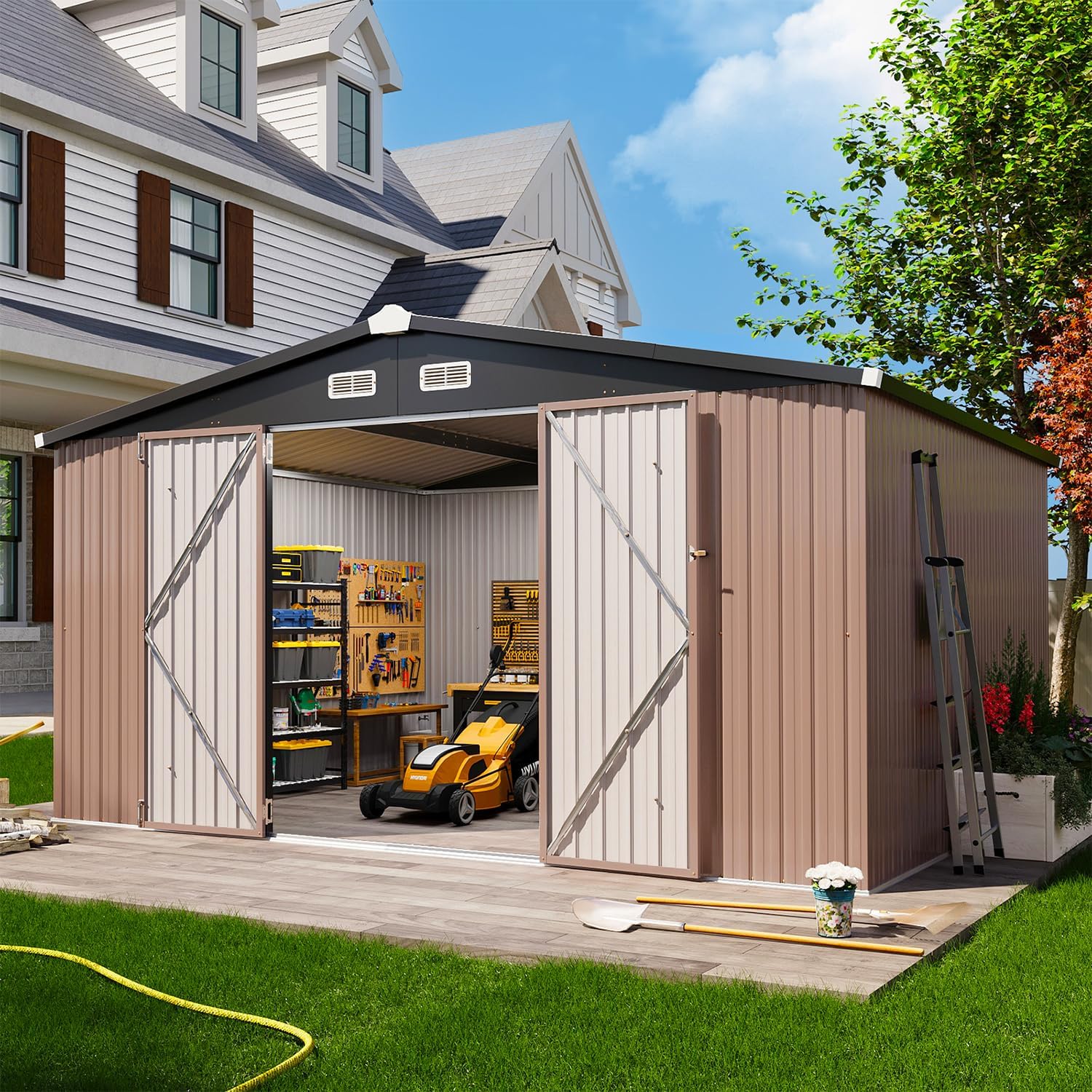 Aoxun 12x10 FT Shed Metal Outdoor Waterproof Storage Shed Steel Utility Garden Tool Shed with Door & Lock Outdoor Storage for Garden Patio Lawn Poolside, Brown wourant