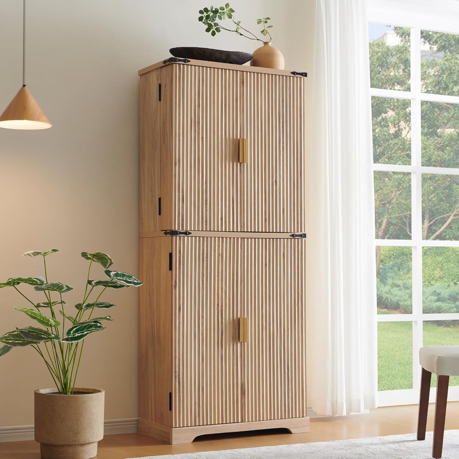 Fluted Pantry Cabinet, 72" Tall Modern Storage Cabinet with 4 Doors, Organizer, Drawer and Adjustable Shelves, Wood Cupboard wourant