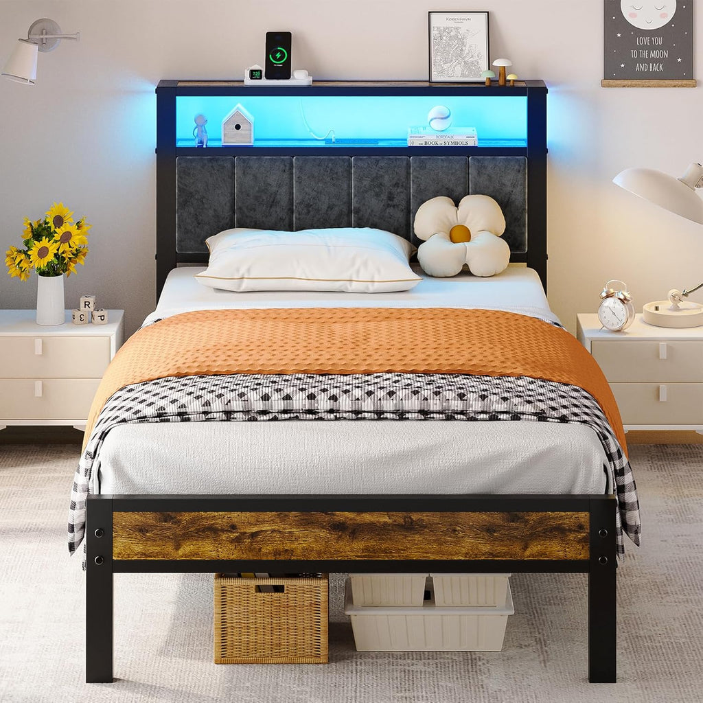 Queen Size Bed Frame with 2-Tier Storage Shelves Headboard Platform Bed Charging Station wourant