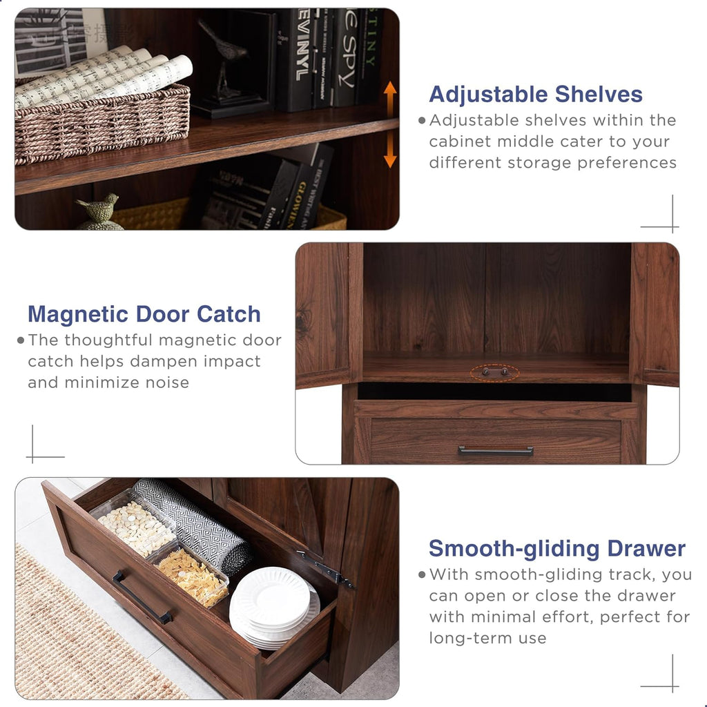 JXQTLINGMU Farmhouse Kitchen Pantry - 72" Tall Wood Kitchen Storage Cabinet with Adjustable Shelves and 2 Barn-Style Doors and Drawers wourant