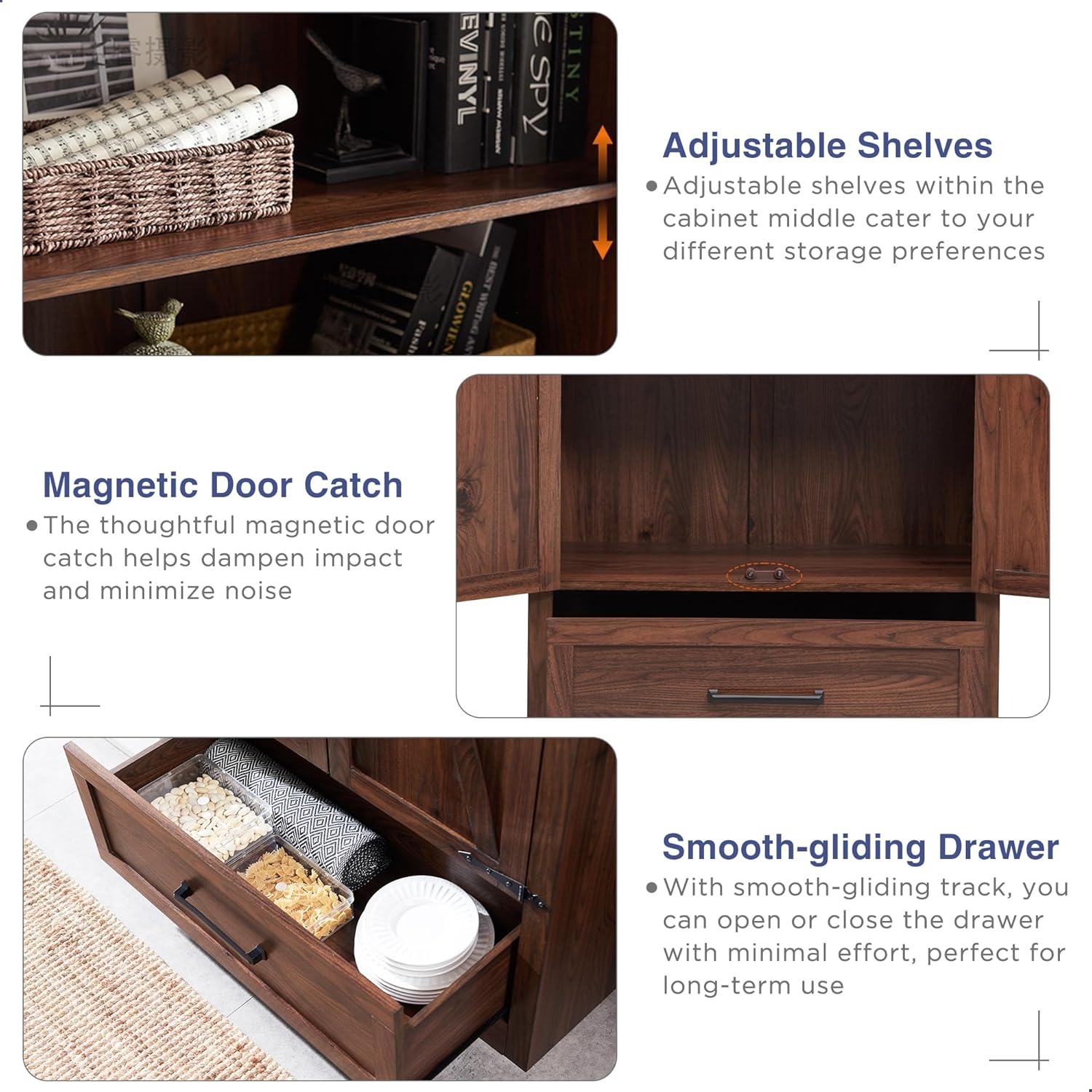 JXQTLINGMU Farmhouse Kitchen Pantry - 72" Tall Wood Kitchen Storage Cabinet with Adjustable Shelves and 2 Barn-Style Doors and Drawers wourant