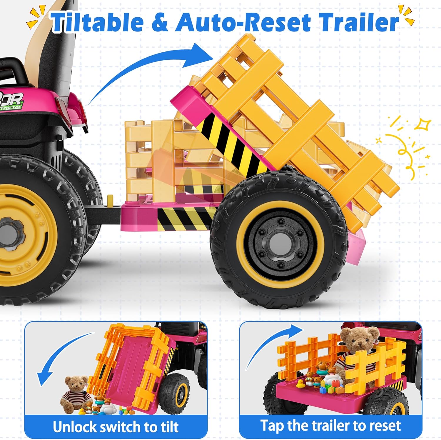 24V Ride On Tractor w/Tiltable & Detachable Trailer, 2x65W Motors, EVA Tires, Remote Control, Bluetooth, Shifter, Music, Electric Car for Kids, Green wourant