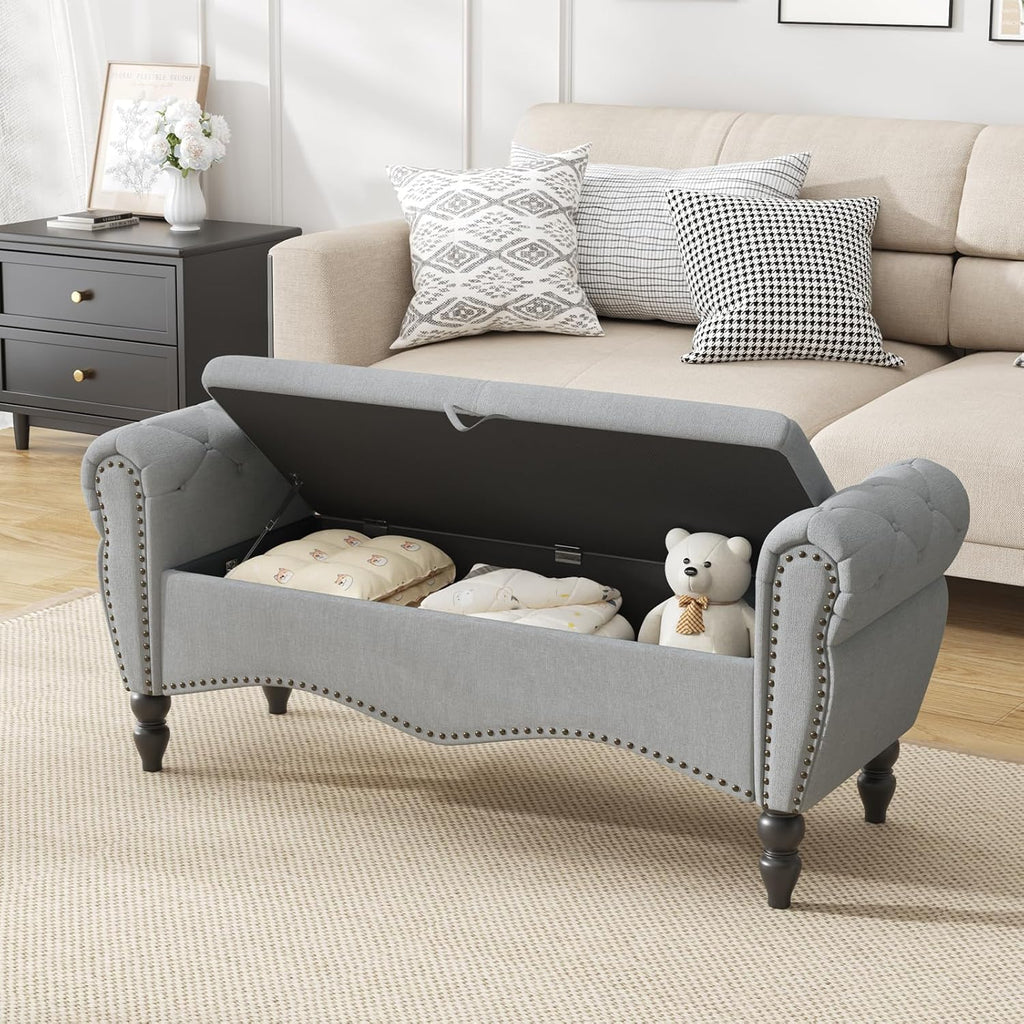 Furniliving Modern Storage Ottoman Bench, Sherpa Ottoman End of Bed Bench with Solid Wood Legs Upholstered Ottoman Benches with Storage Indoor Bench wourant