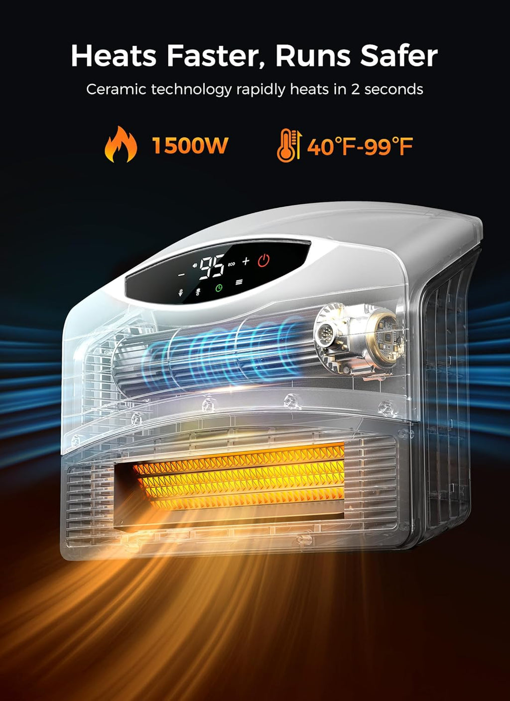 Wall mounted electric heater with WiFi and remote control, floor standing heater 1500W fast coverage for large rooms wourant