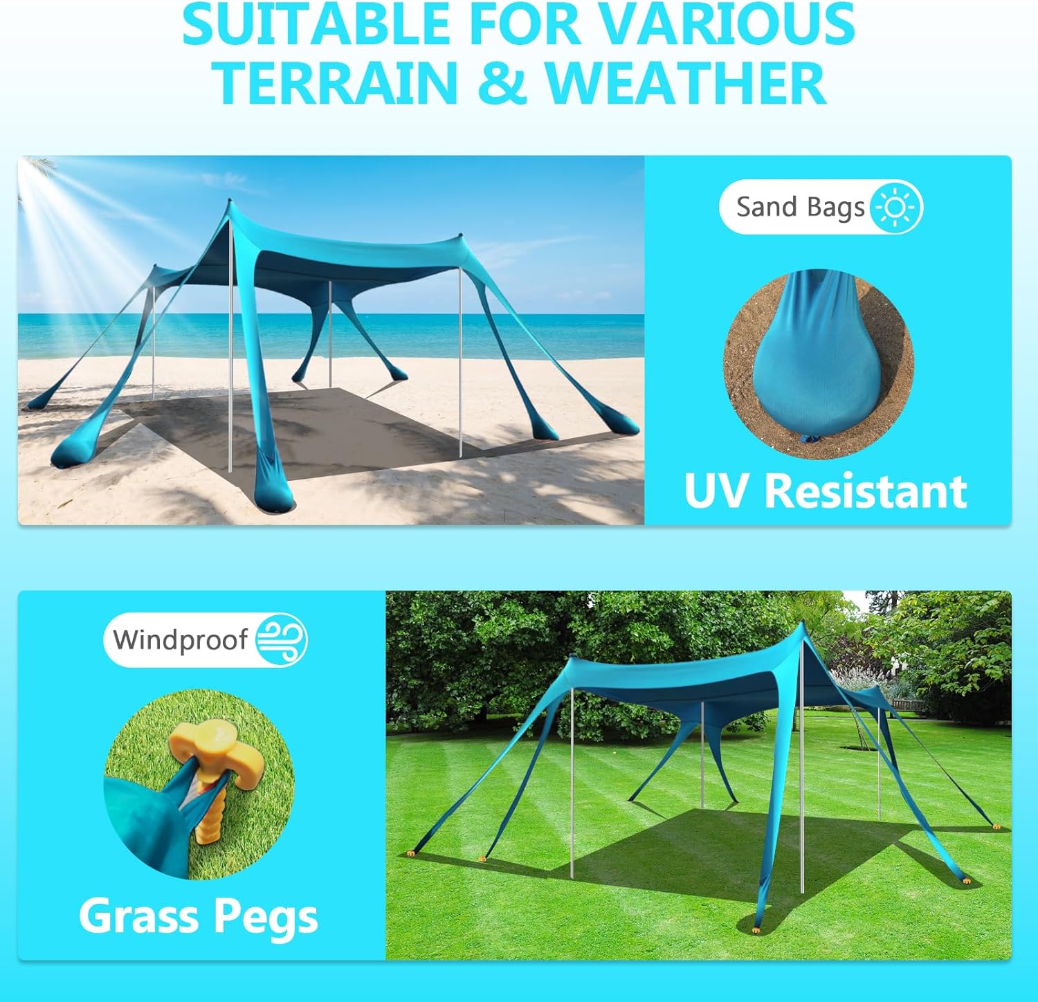 Beach Tent Sun Shelter, 10 x 10 FT Beach Canopy Tent Sun Shade Heavy Duty, UPF50+ Beach Tent Canopy with 8 Sandbags & 4 Stability Poles, Outdoor Beach Shade Canopy for Camping and Fishing, Blue wourant