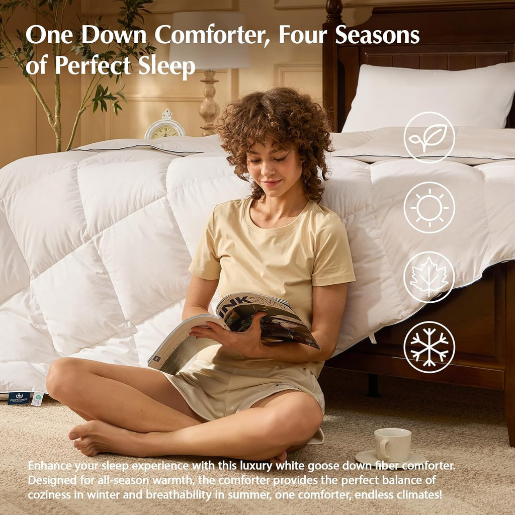 PACIFIC COAST Goose Feather Down Comforters Queen Size, 100% Cotton Extra Fluffy White Duvet Insert, Soft, Breathable, All Season Hotel Luxury Bedding Comforters, 8 Corner & Center Loops (90"x90") wourant
