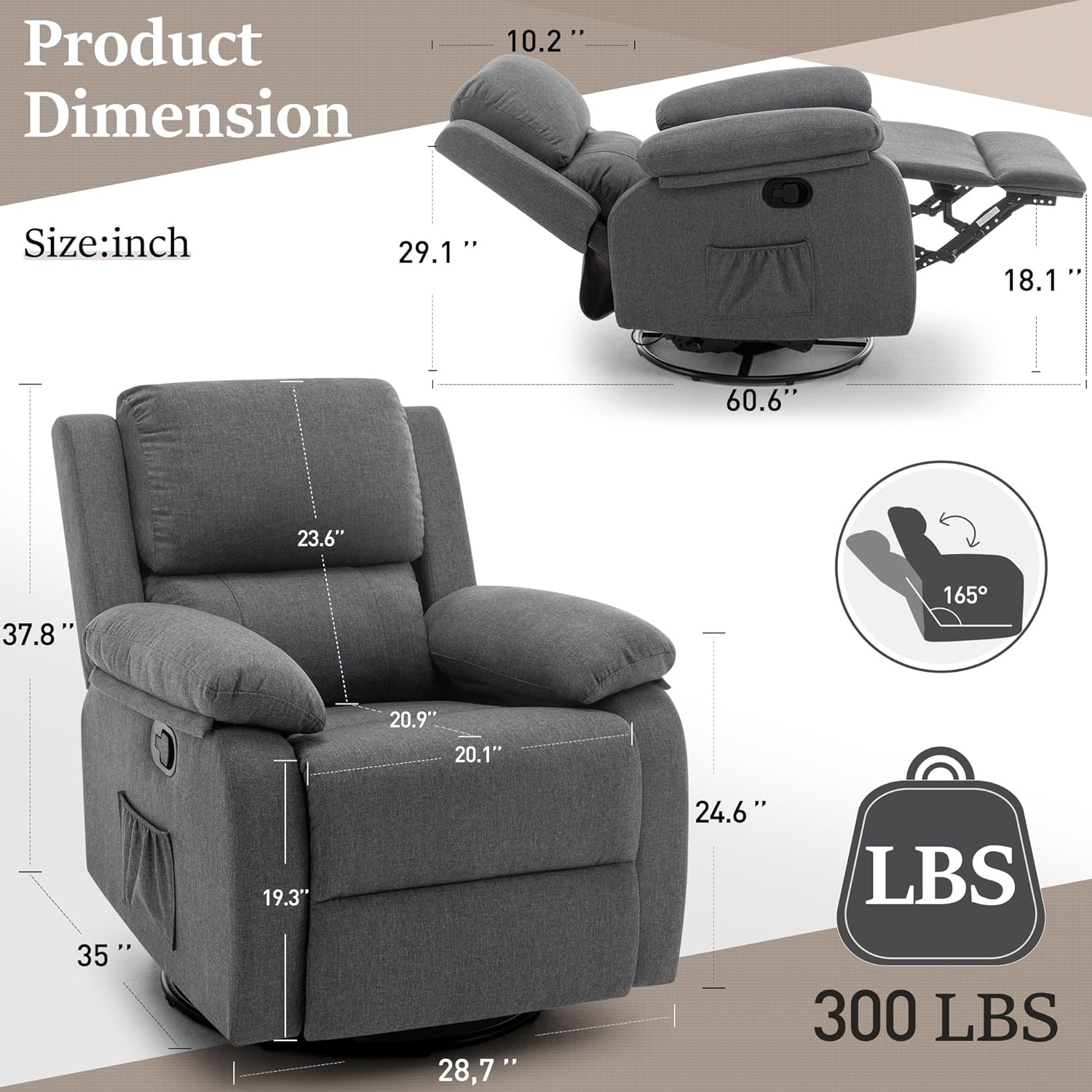 Reclining rocking chair 360 degree rotating fabric sliding reclining chair wourant