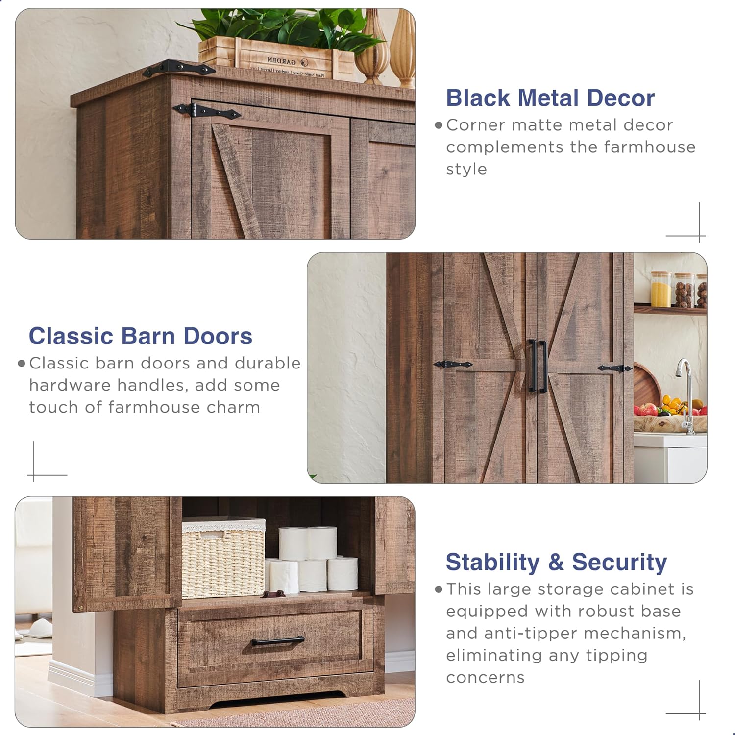 JXQTLINGMU Farmhouse Kitchen Pantry - 72" Tall Wood Kitchen Storage Cabinet with Adjustable Shelves and 2 Barn-Style Doors and Drawers wourant