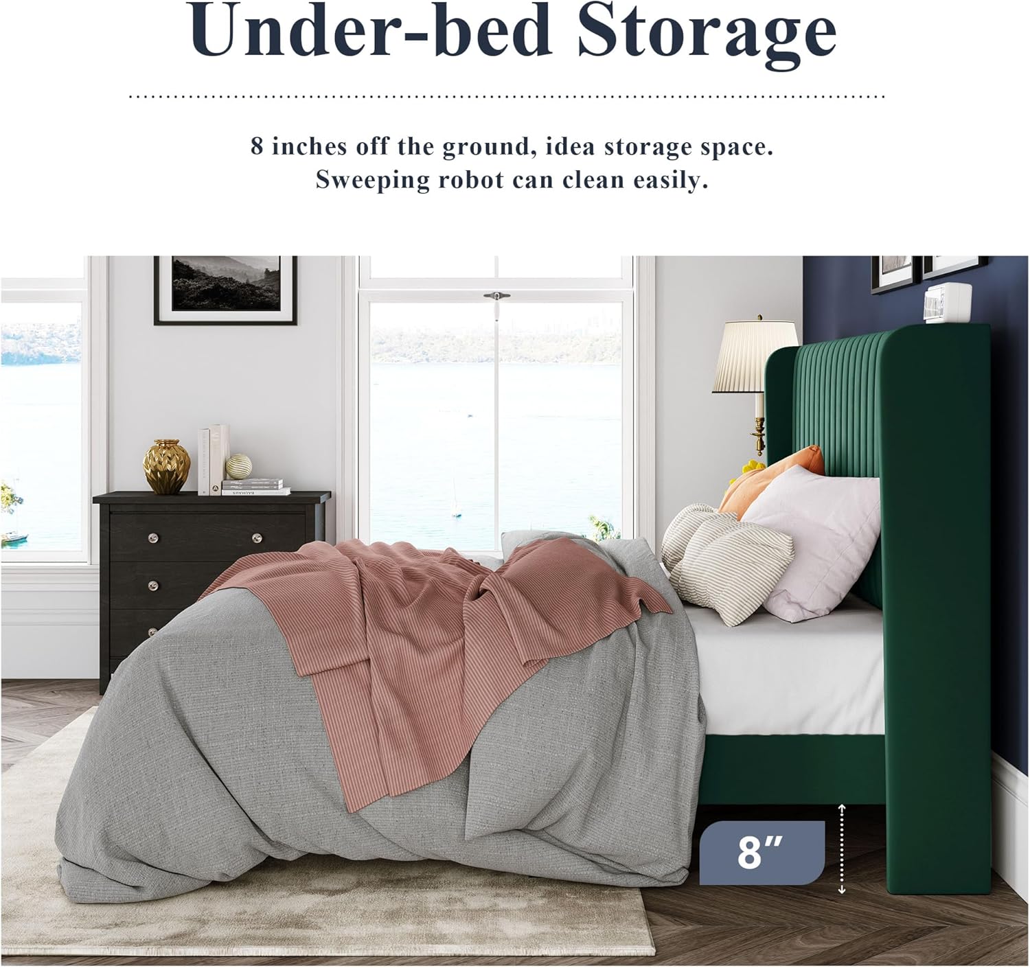 Allewie Full Size Velvet Bed Frame Vertical Channel Tufted Wingback Headboard Upholstered Bed wourant