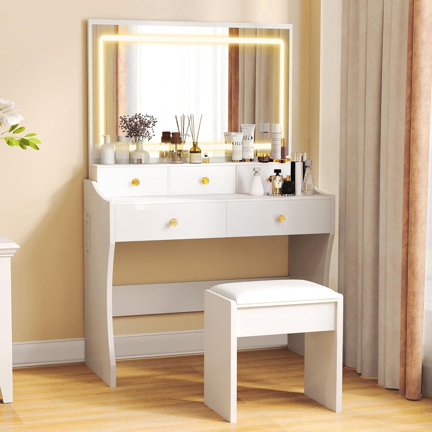 COMHOMA Makeup Vanity Desk with Mirror and Lights, Vanity Table and Chair Set wourant