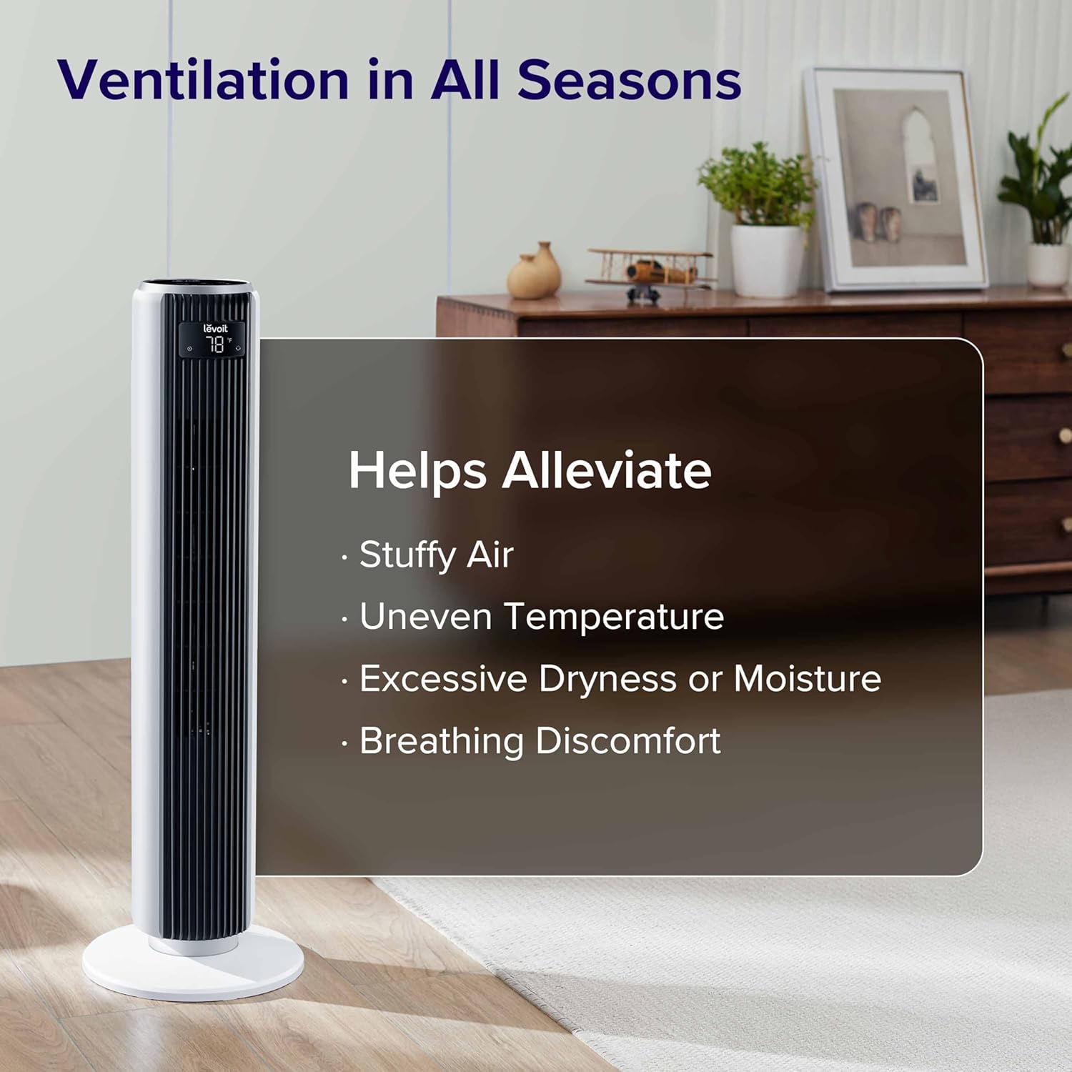 LEVOIT Tower Fan for Bedroom, Standing Fan with 28dB Quiet for Sleep, Remoter, 12H Timer, 25ft/s Velocity, 5 Speeds, 4 Modes, 90° Oscillation for Home, Office, Indoor, Bladeless 36 inch, White wourant