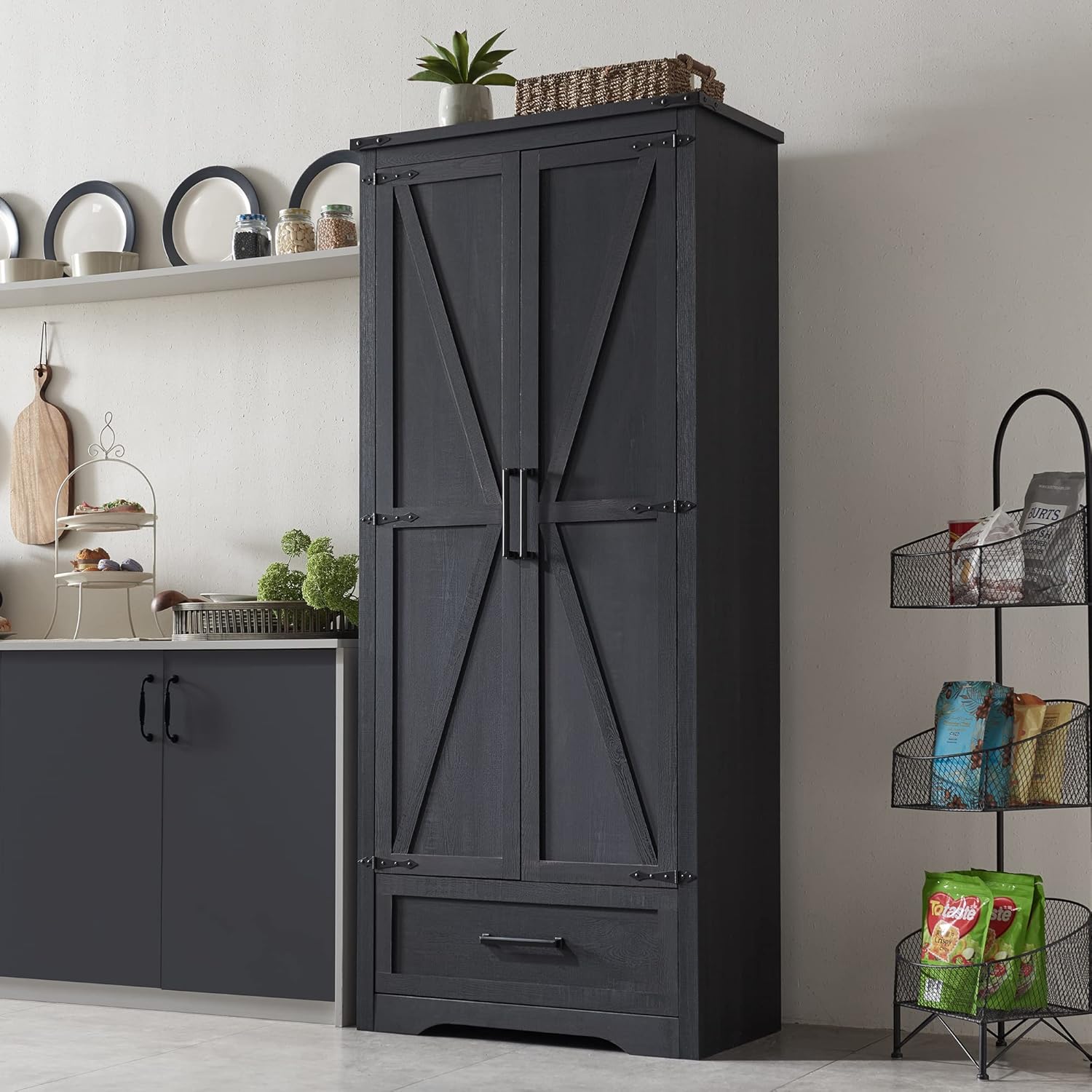 JXQTLINGMU Farmhouse Kitchen Pantry - 72" Tall Wood Kitchen Storage Cabinet with Adjustable Shelves and 2 Barn-Style Doors and Drawers wourant