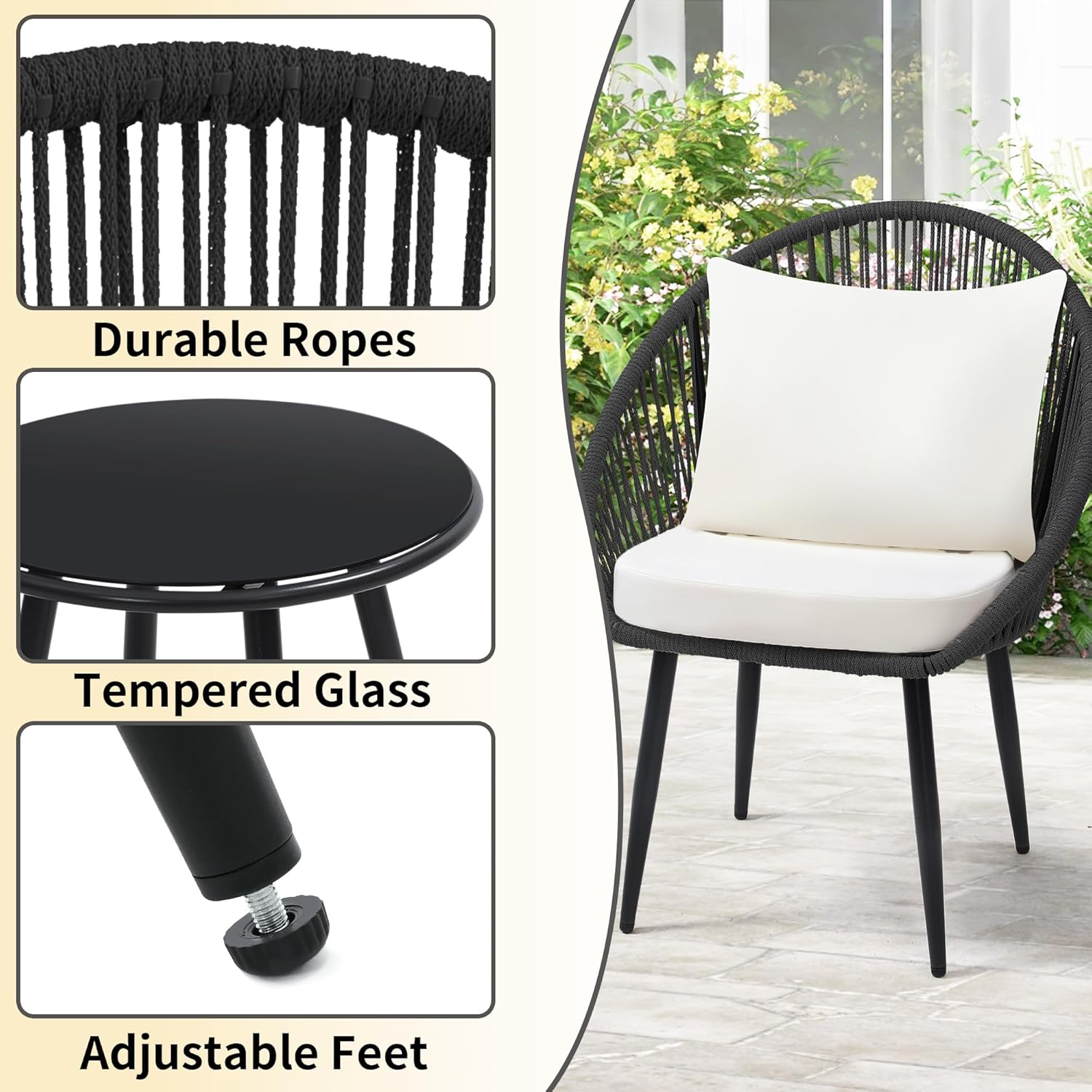 3 Piece Bistro Set, Woven Rope Chair with Cushions, All Weather Patio Conversation Set with Side Table, Ideal for Deck, Balcony, Poolside, Black wourant