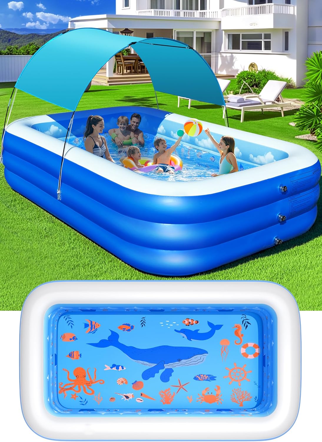 Inflatable Pool with Canopy,Upgraded Inflatable Swimming Pool for Kids,Adult,Large Inflatable Blow up Pools,Ocean Theme Oversized Thickened 105"x75"x25"Inflatable Family Pools for Backyard-Blue wourant