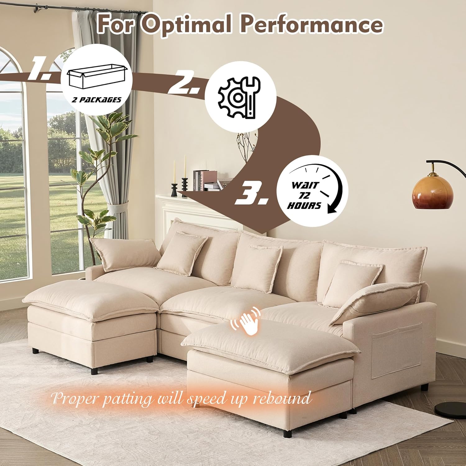 108 Inch U Shape Sofa Sectional Sofa Comfortable Cloud Sofa with Removable Footstool wourant