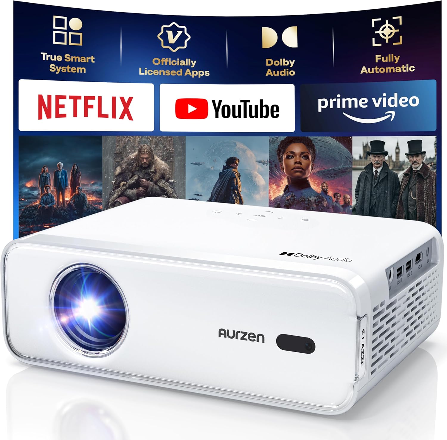 Aurzen EAZZE D1 Smart Projector with WiFi and Bluetooth, Officially-Licensed APP wourant
