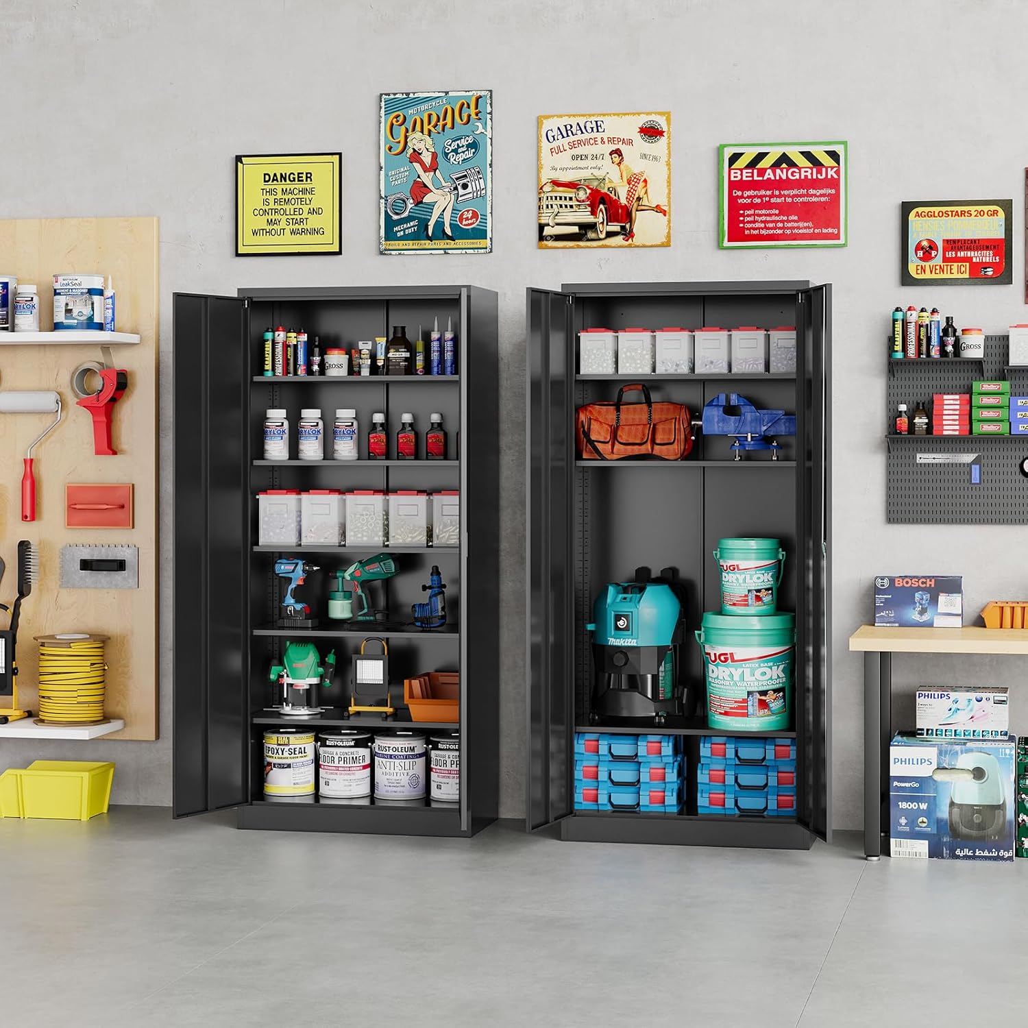 Metal Storage Cabinet with 2 Doors and 6 Shelves, Black Metal Cabinet with Lock, 71 Inch Lockable Garage Storage Cabinet wourant