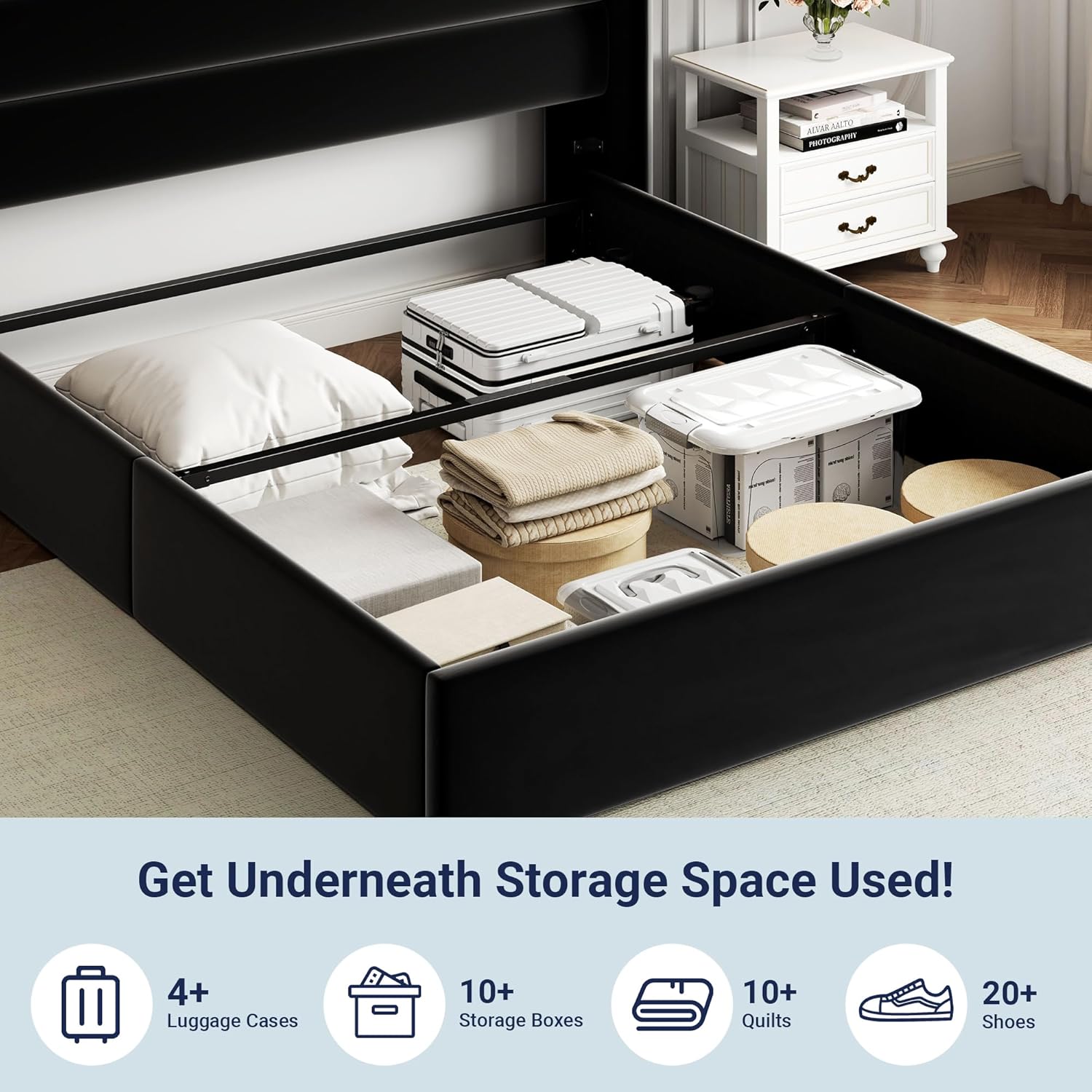 Allewie Queen Size Lift Up Storage Bed Modern Wingback Headboard Hydraulic Support wourant