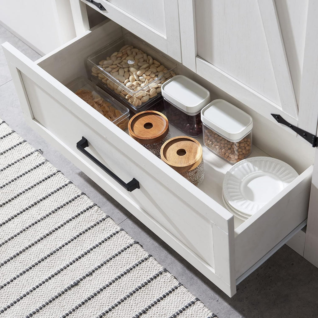 JXQTLINGMU Farmhouse Kitchen Pantry - 72" Tall Wood Kitchen Storage Cabinet with Adjustable Shelves and 2 Barn-Style Doors and Drawers wourant