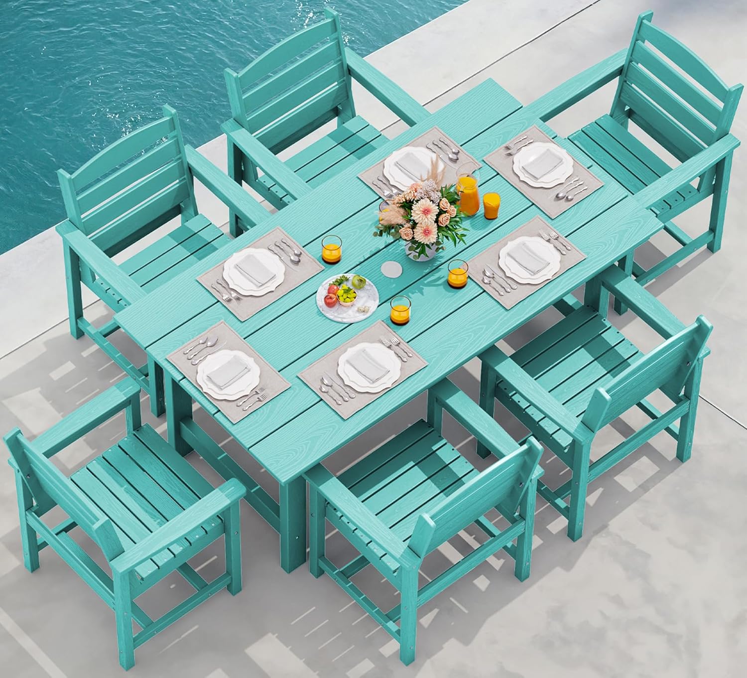 Outdoor HDPE Dining Table Set, 7-Piece Outdoor Dining Table Sets with Umbrella Hole Cut-Out Table and 6 Chairs wourant