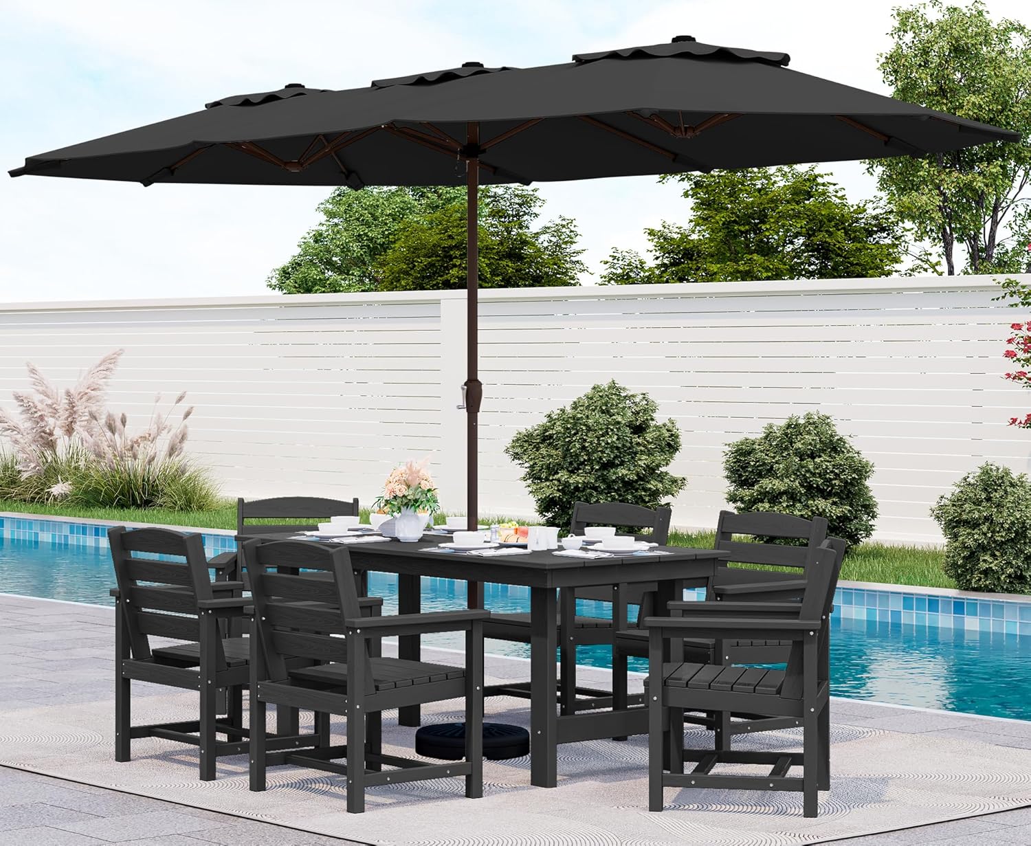 Outdoor HDPE Dining Table Set, 7-Piece Outdoor Dining Table Sets with Umbrella Hole Cut-Out Table and 6 Chairs wourant