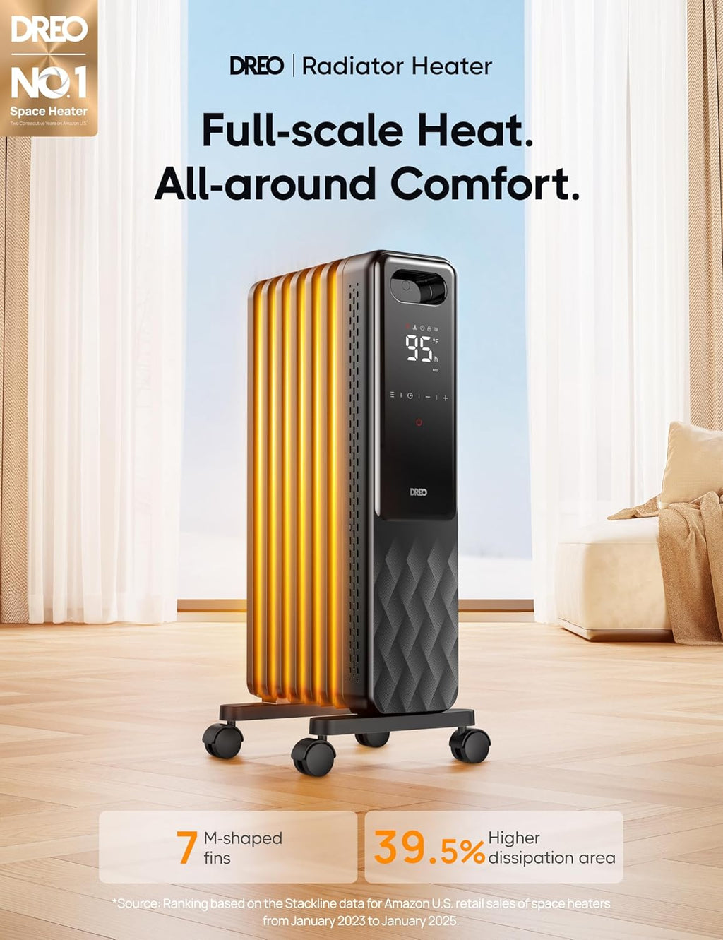 Dreo Oil Filled Radiator, Electric Radiant Heaters for indoor use Large Room with Remote Control, Child Lock, 4 Modes, Overheat & Tip-Over Protection, 24h Timer, Digital Thermostat, Quiet, 1500W wourant